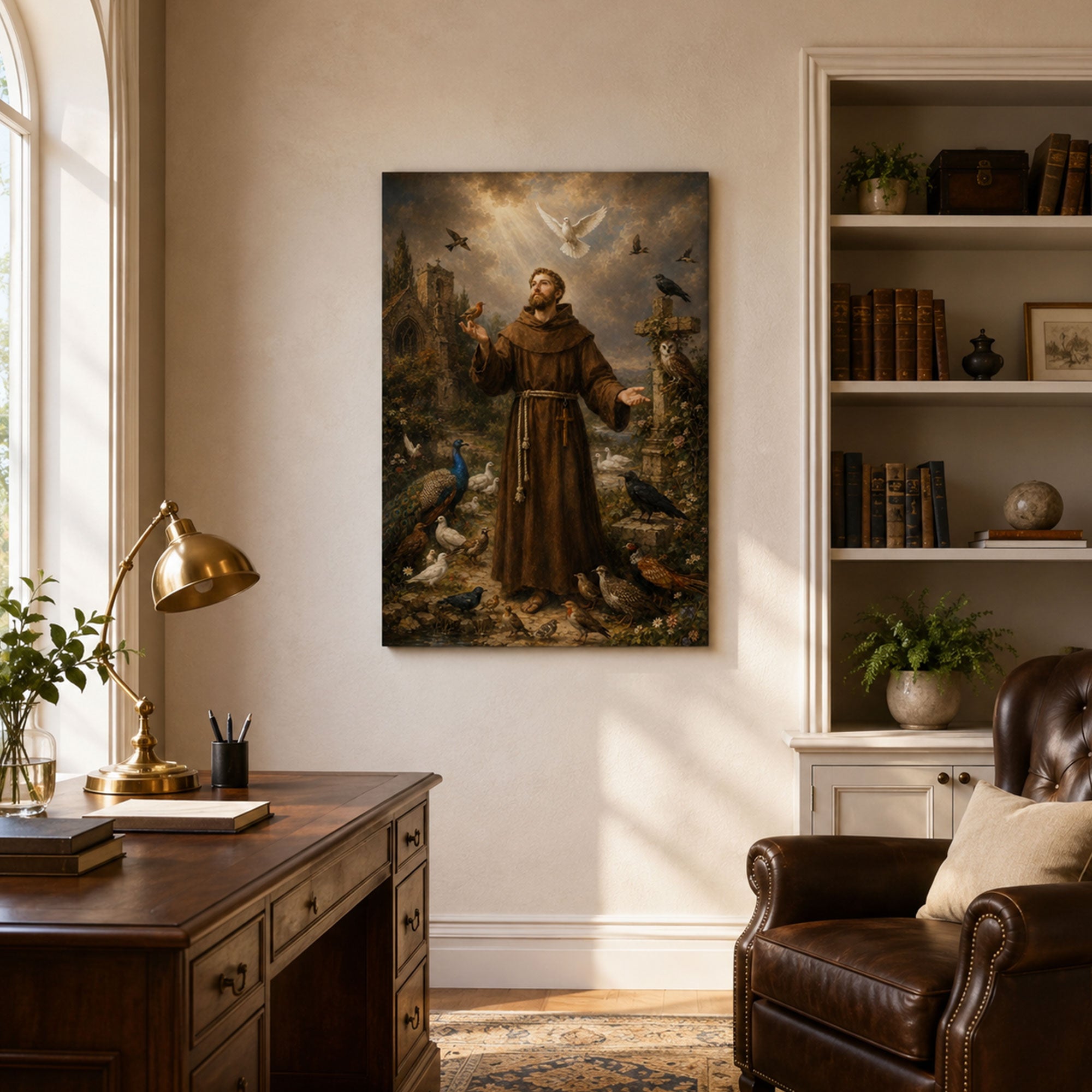Saint Francis of Assisi with Birds Canvas Print, Catholic Saint Nature Wall Art, Faith Home Decor Gift