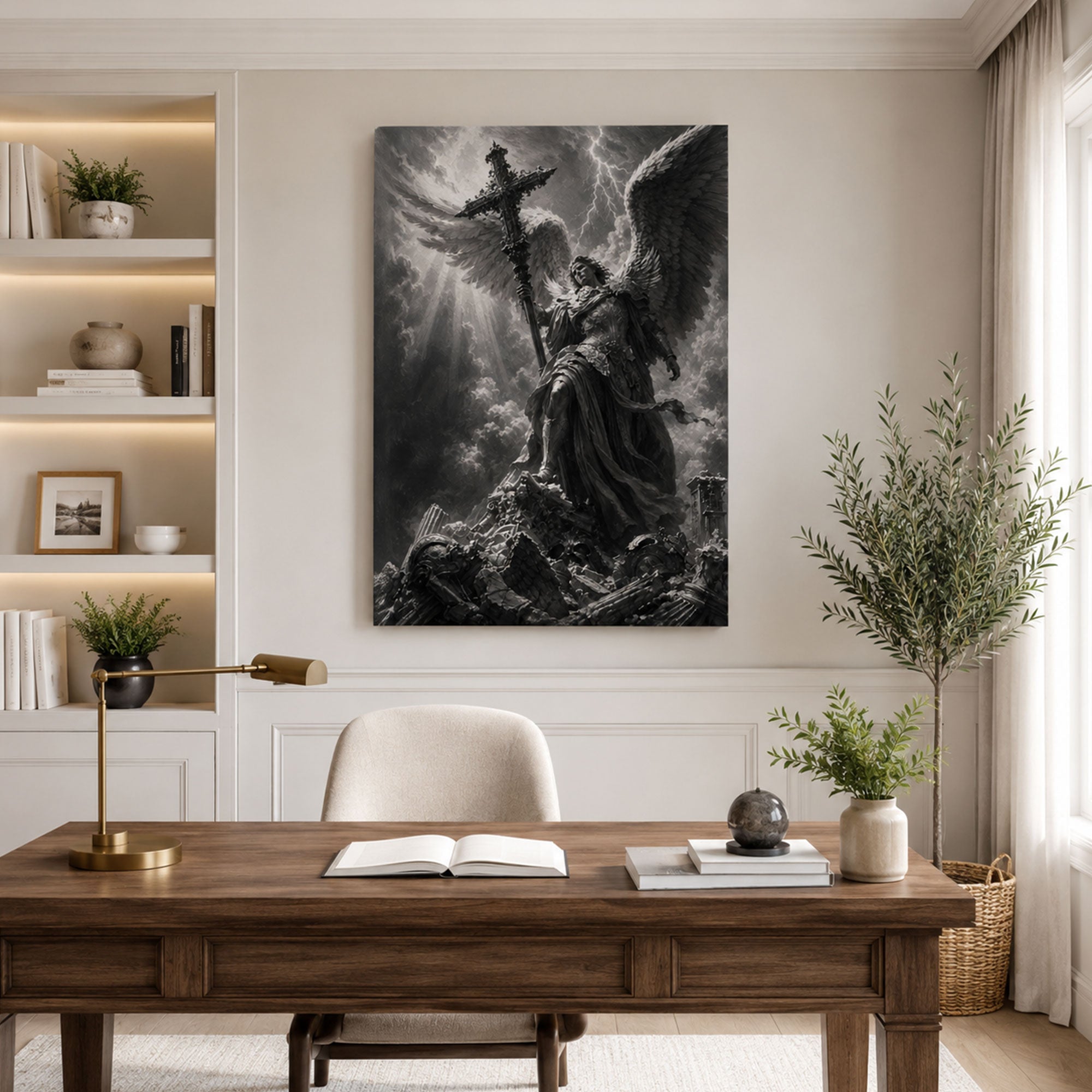 Saint Michael the Archangel with Cross Canvas Print, Victory Over Evil Catholic Wall Decor, Protection Faith Gift