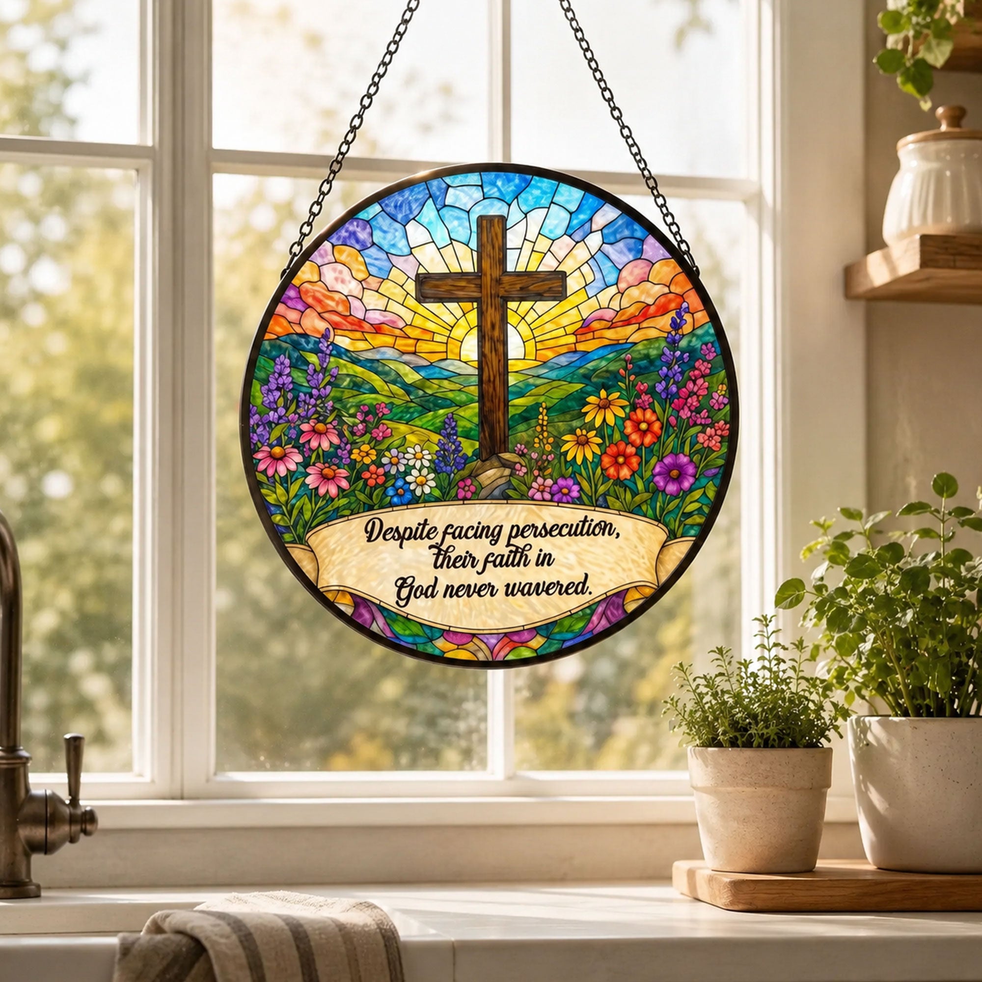 Christian Cross Suncatcher, Unwavering Faith Inspirational Quote, Floral Window Hanging