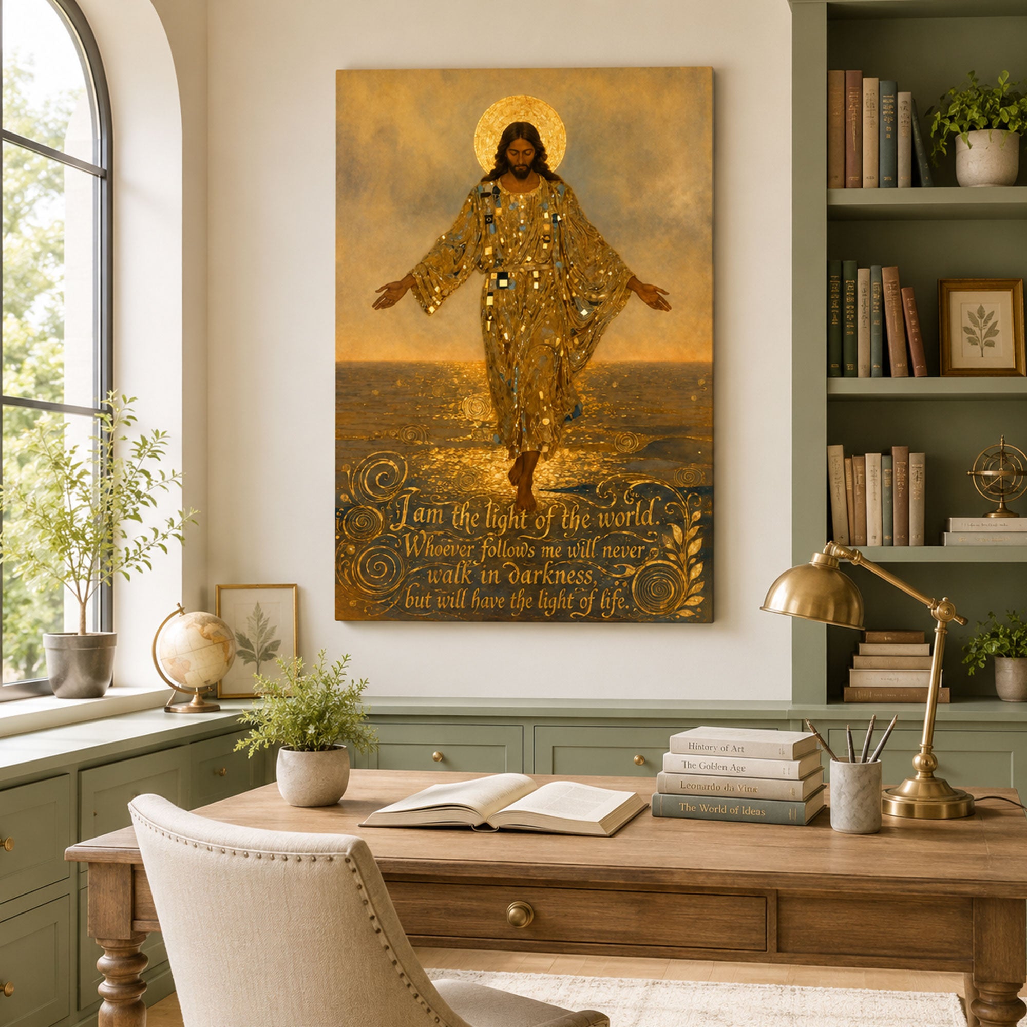 I Am the Light of the World Canvas Print, Golden Jesus Christian Wall Art, Inspirational Bible Verse Faith Decor