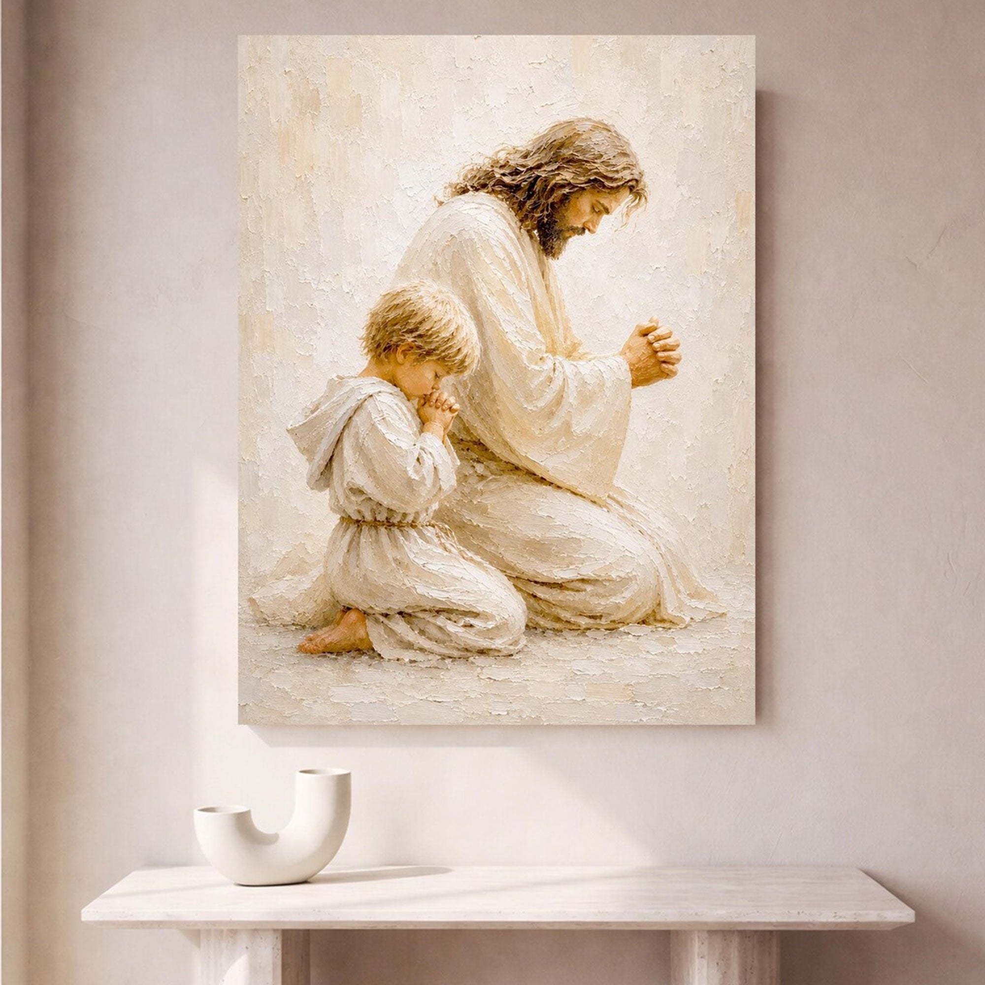 Jesus Praying With Child Canvas Print, Christian Family Prayer Wall Art, Peaceful Faith Home Decor