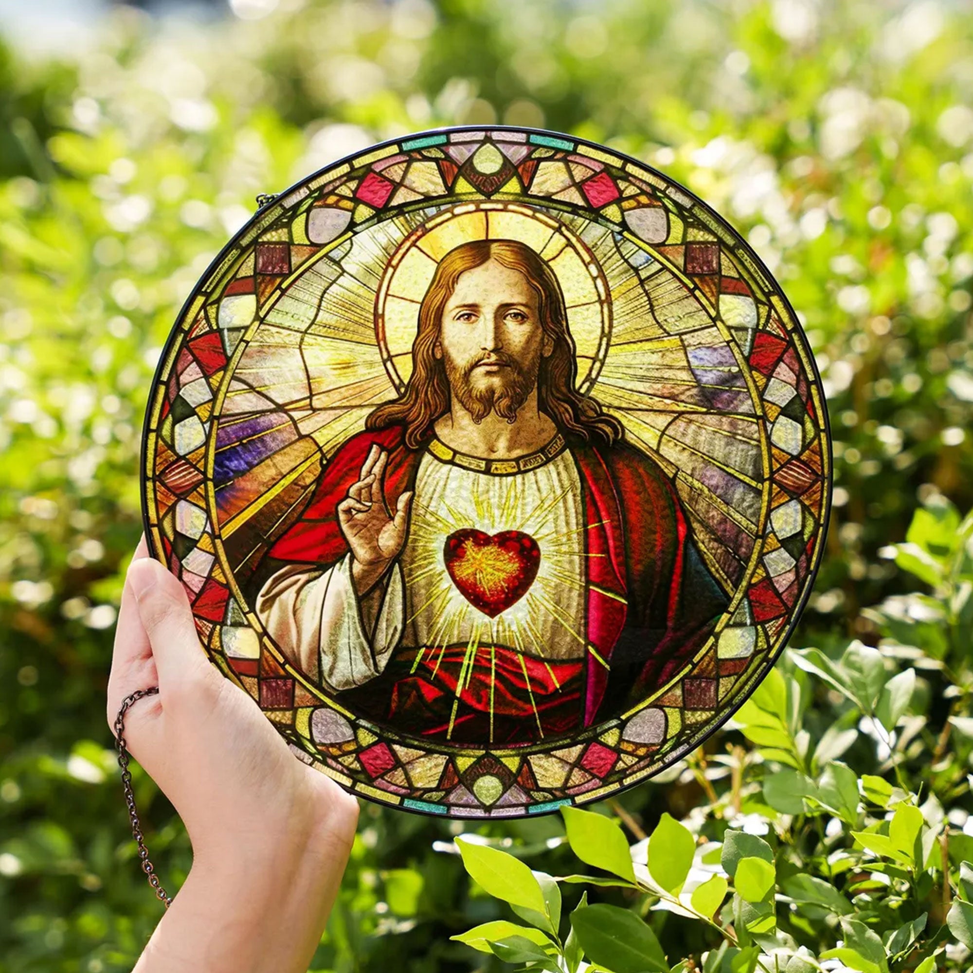 Sacred Heart of Jesus Stained Glass Suncatcher, Catholic Window Hanging Decor, Christian Religious Faith Gift