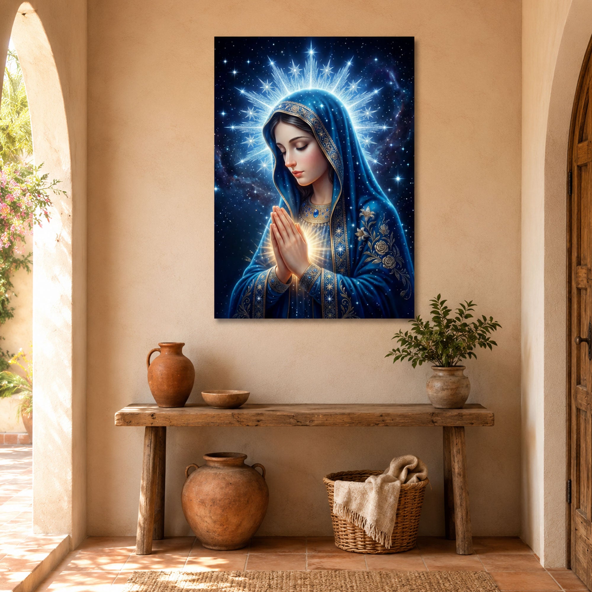 Celestial Virgin Mary Canvas Print, Starry Catholic Wall Art, Heavenly Blue Madonna Decor, Christian Faith Artwork