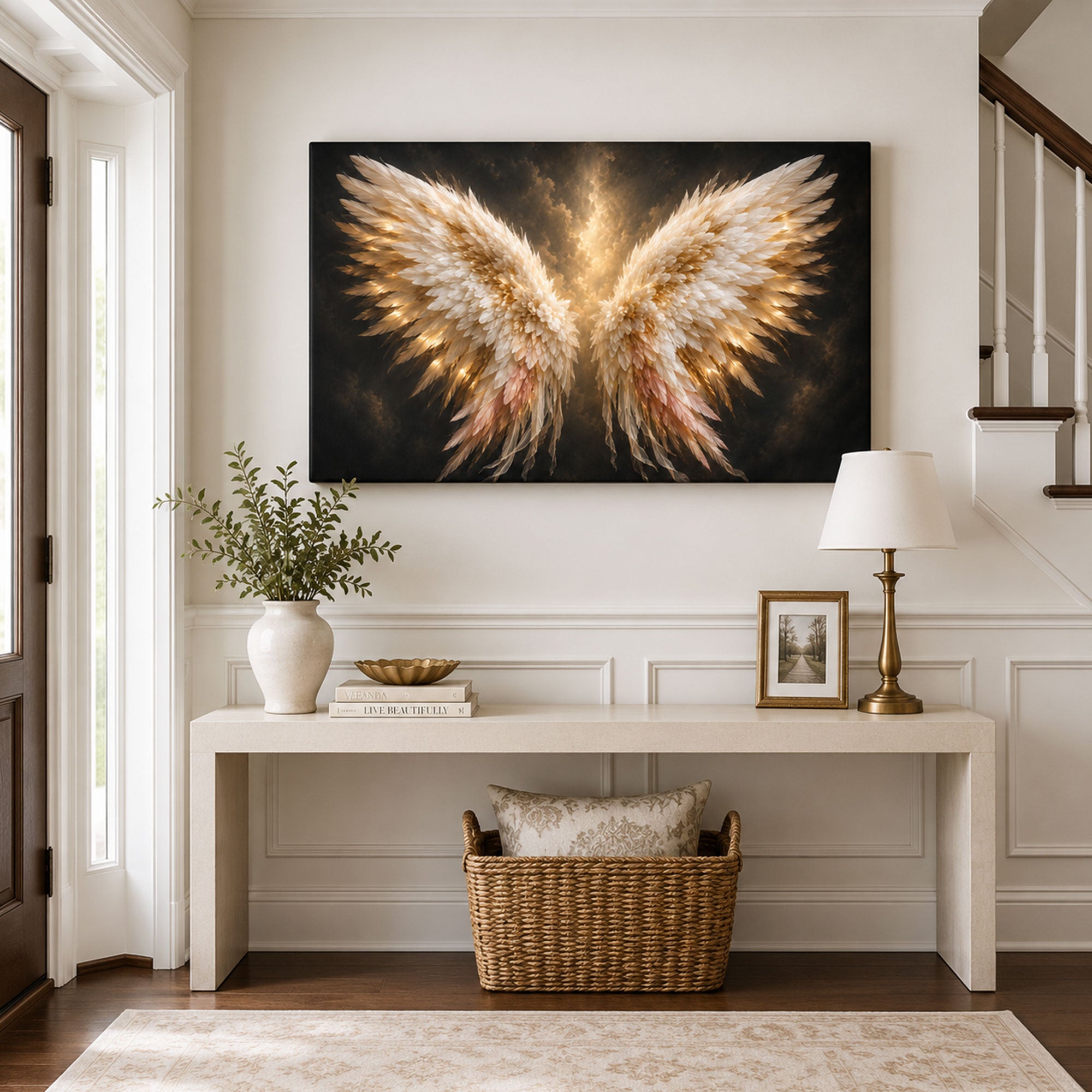 Luminous Angel Wings Canvas Print, White and Gold Christian Wall Art, Heavenly Faith Home Decor Gift