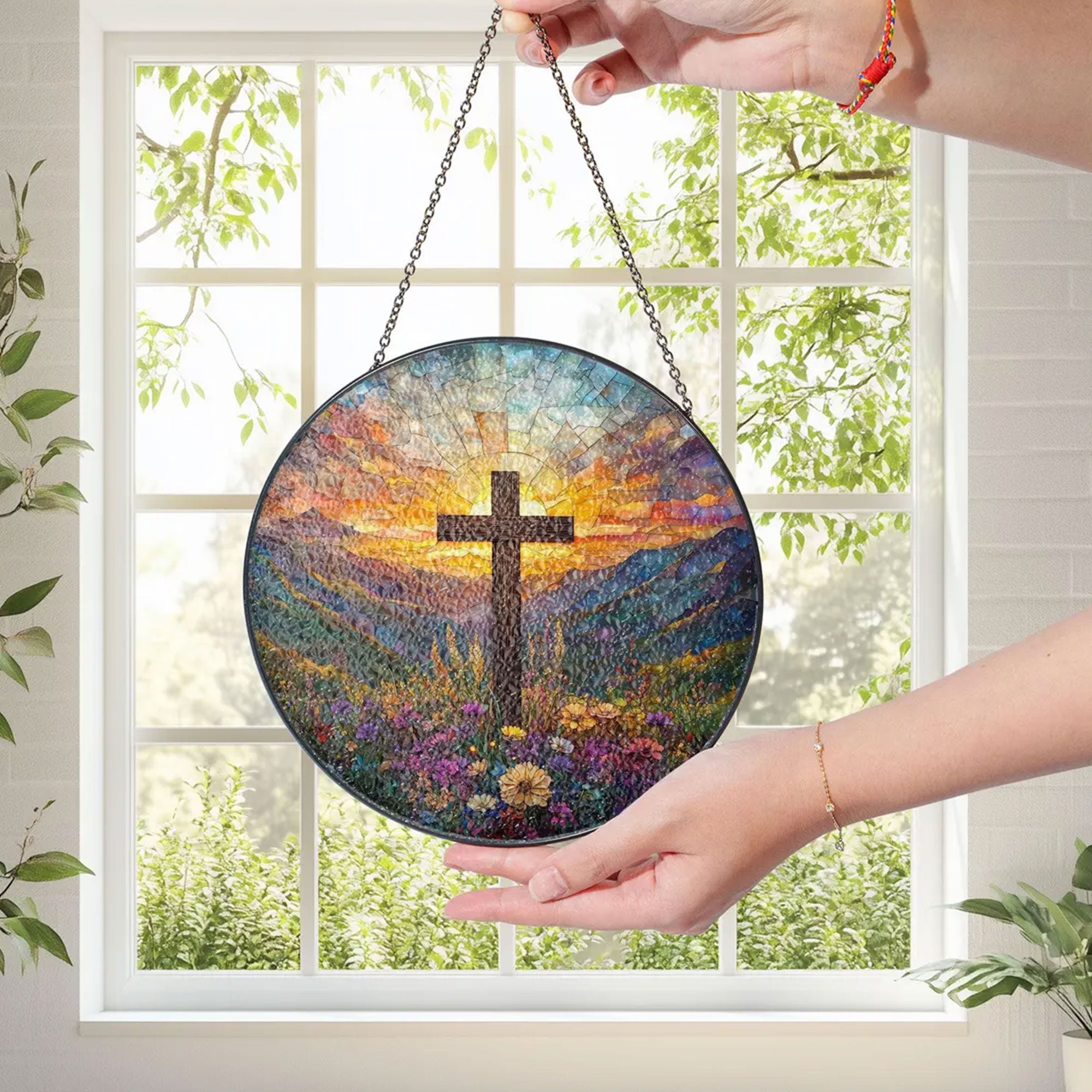 Stained Glass Cross with Wildflowers Suncatcher, Christian Window Hanging Decor, Floral Faith Gift, Religious Home Ornament