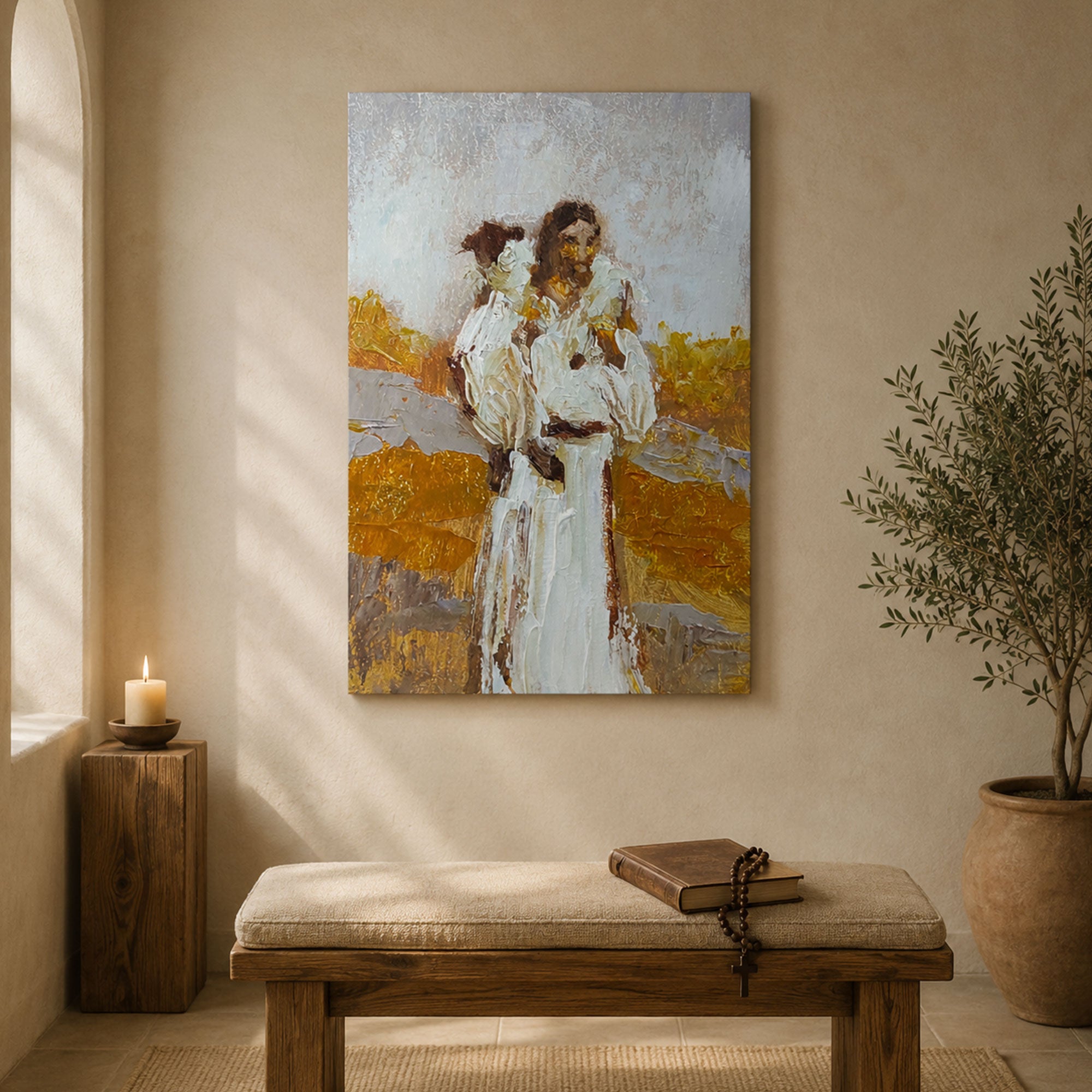 Good Shepherd Jesus Carrying Lamb Canvas Print, Abstract Christian Wall Art, Faith Home Decor