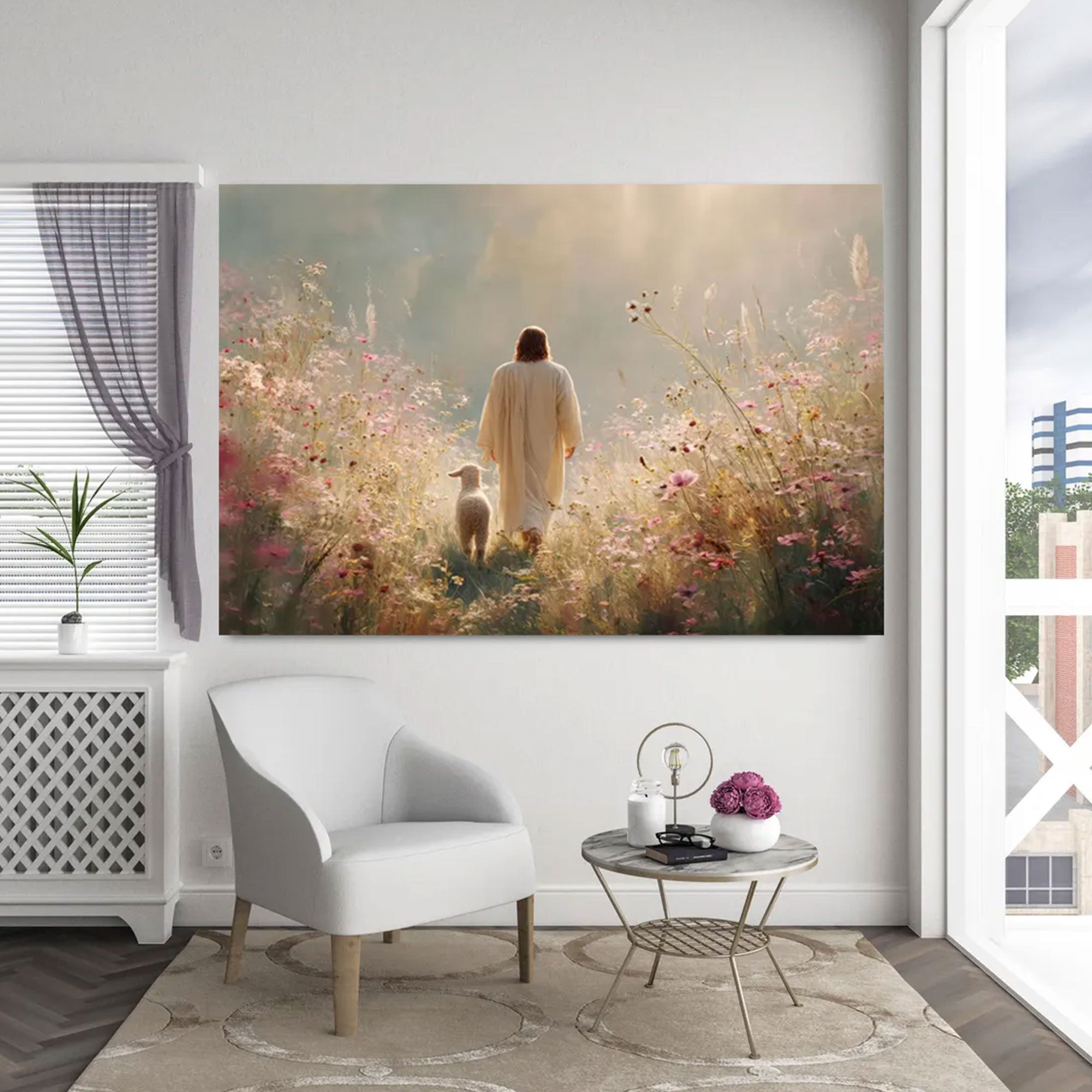 Jesus and Lamb Canvas Print, Peaceful Pastoral Wall Art, Christian Floral Field Decor, Religious Gift
