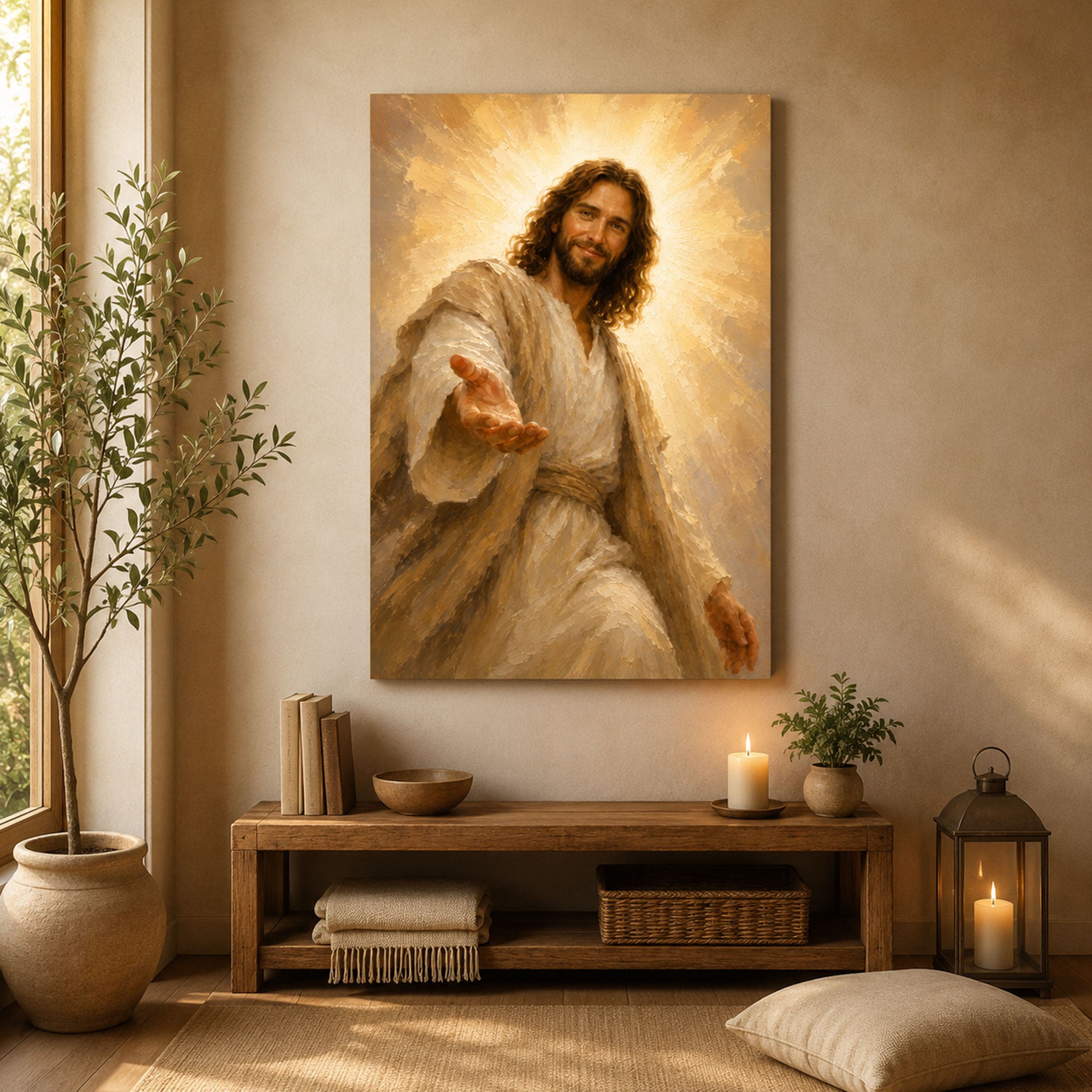 Smiling Jesus Reaching Out Canvas Print, Peaceful Christian Wall Art, Faith Home Decor