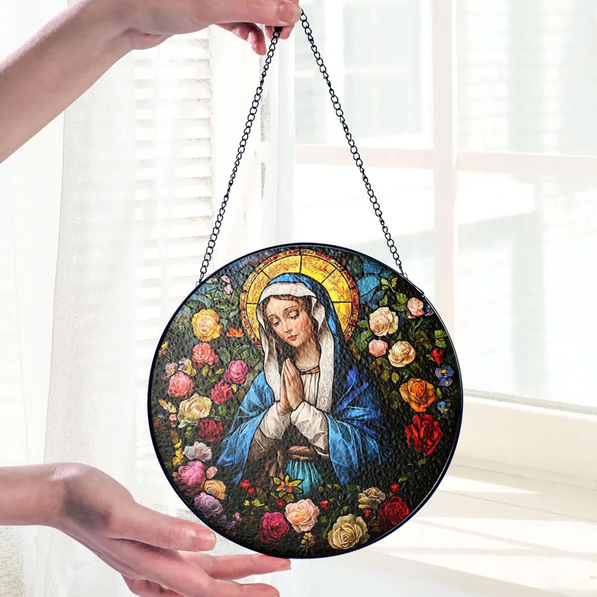 Virgin Mary Stained Glass Suncatcher, Holy Mother Catholic Window Hanging, Religious Christian Home Decor Gift