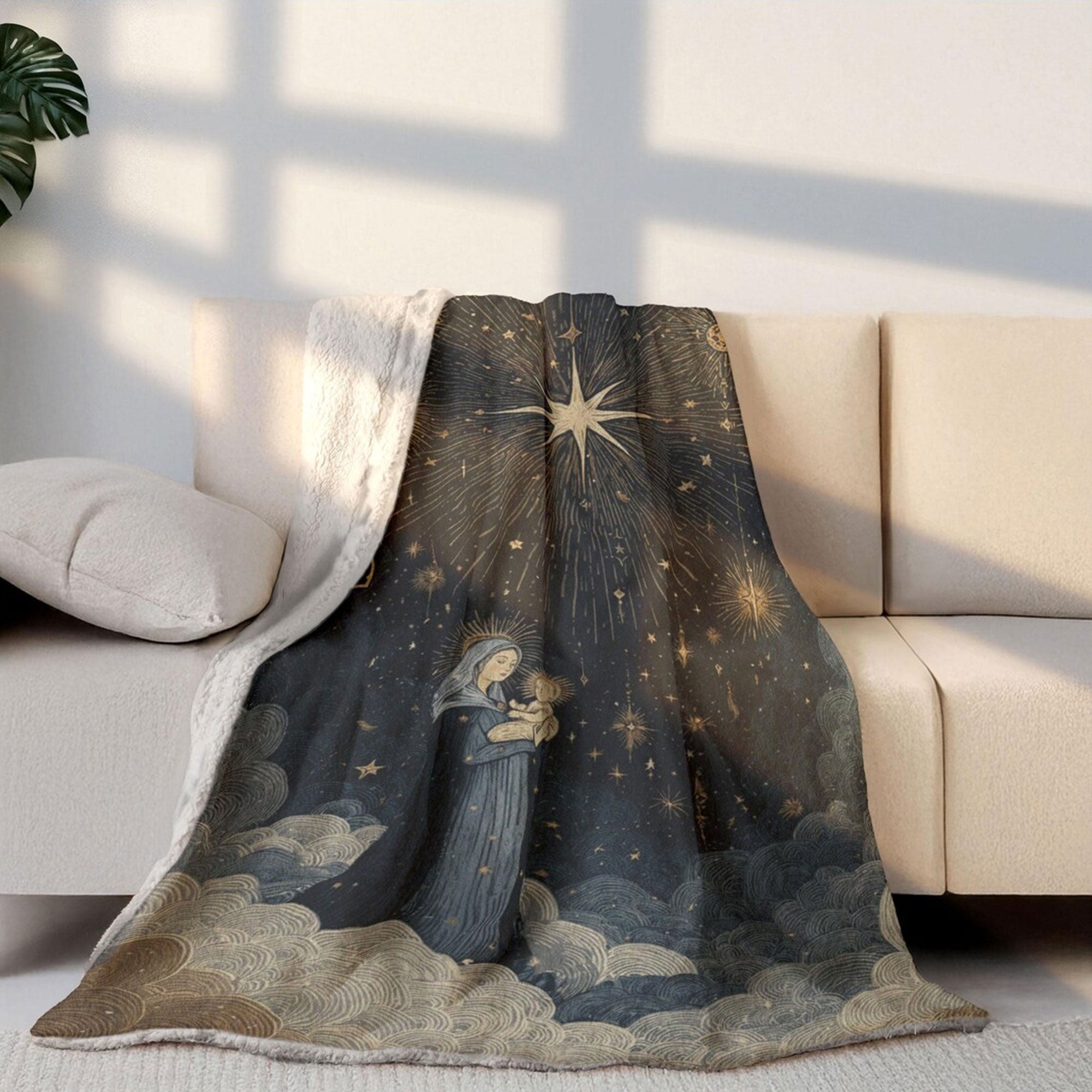 Virgin Mary and Baby Jesus Fleece Blanket, Religious Christian Art Throw, Celestial Star Design, Faith Gift, Catholic Home Decor