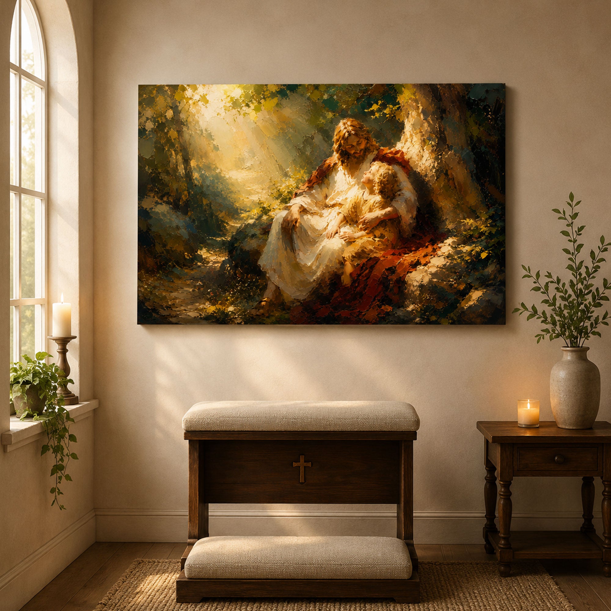 Jesus with Child Canvas Print, Peaceful Christian Wall Art, Family Faith Home Decor