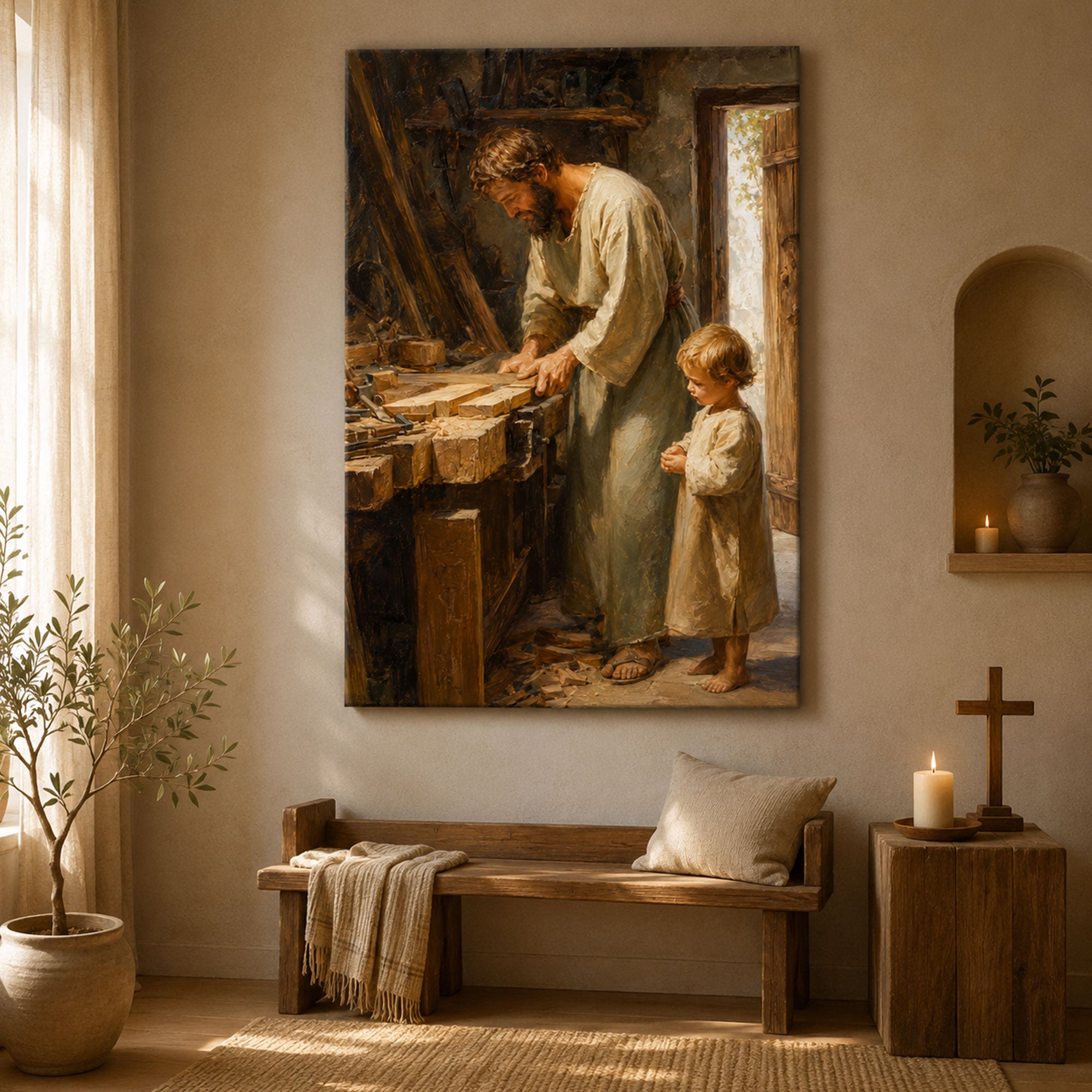 St. Joseph the Carpenter with Child Jesus Canvas Print, Catholic Wall Art, Rustic Faith Home Decor