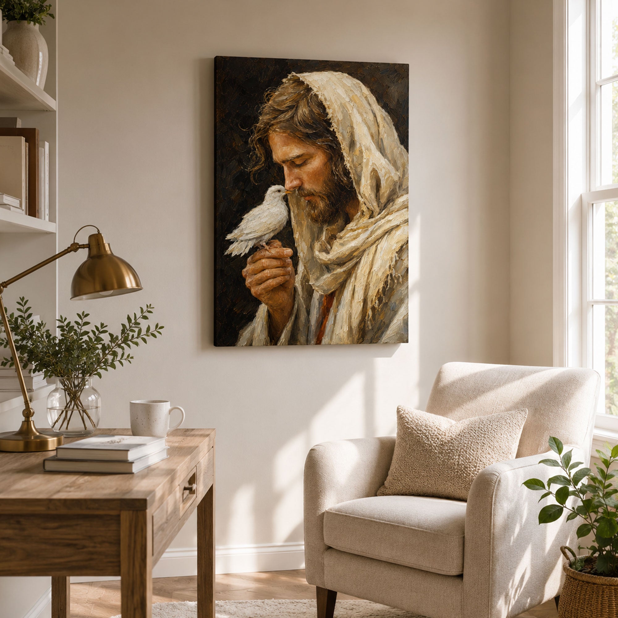 Jesus with Holy Spirit Dove Canvas Print, Christian Wall Decor, Peace and Faith Gift