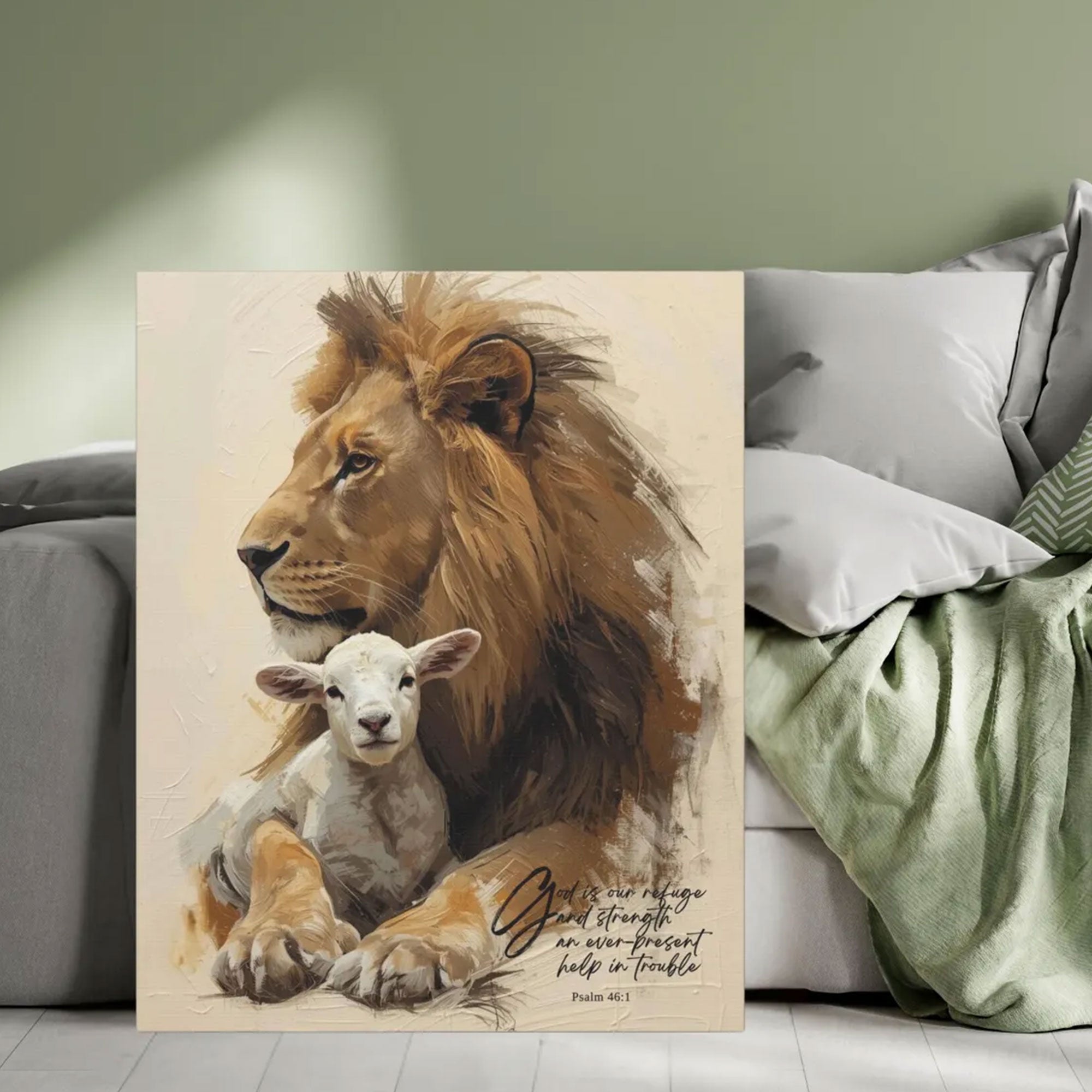Lion and Lamb Psalm 46:1 Canvas Print, Christian Faith Wall Art, Biblical Home Decor, Inspirational Scripture Artwork