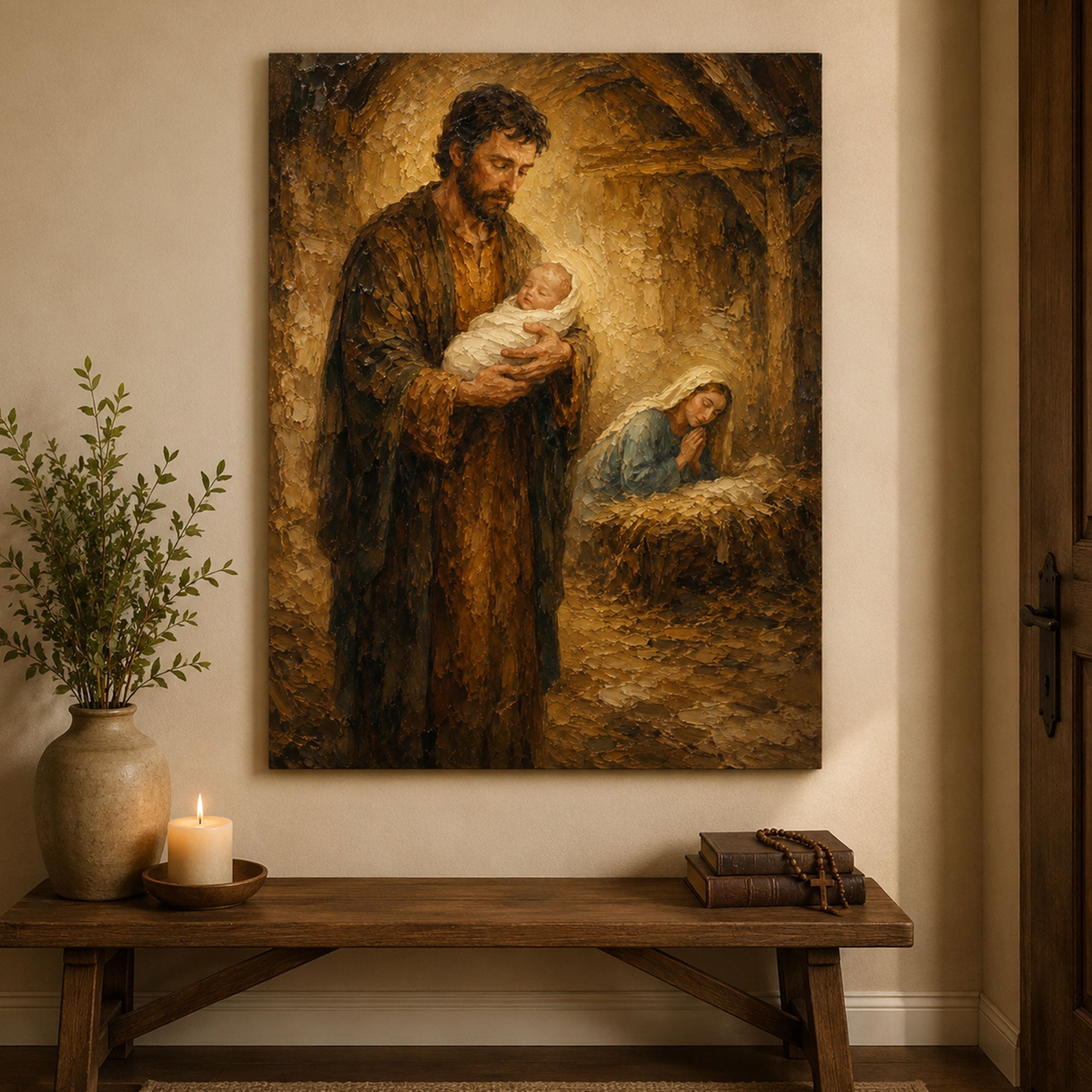 Holy Family Nativity Canvas Print, St. Joseph Holding Baby Jesus, Christmas Catholic Wall Art, Christian Home Decor