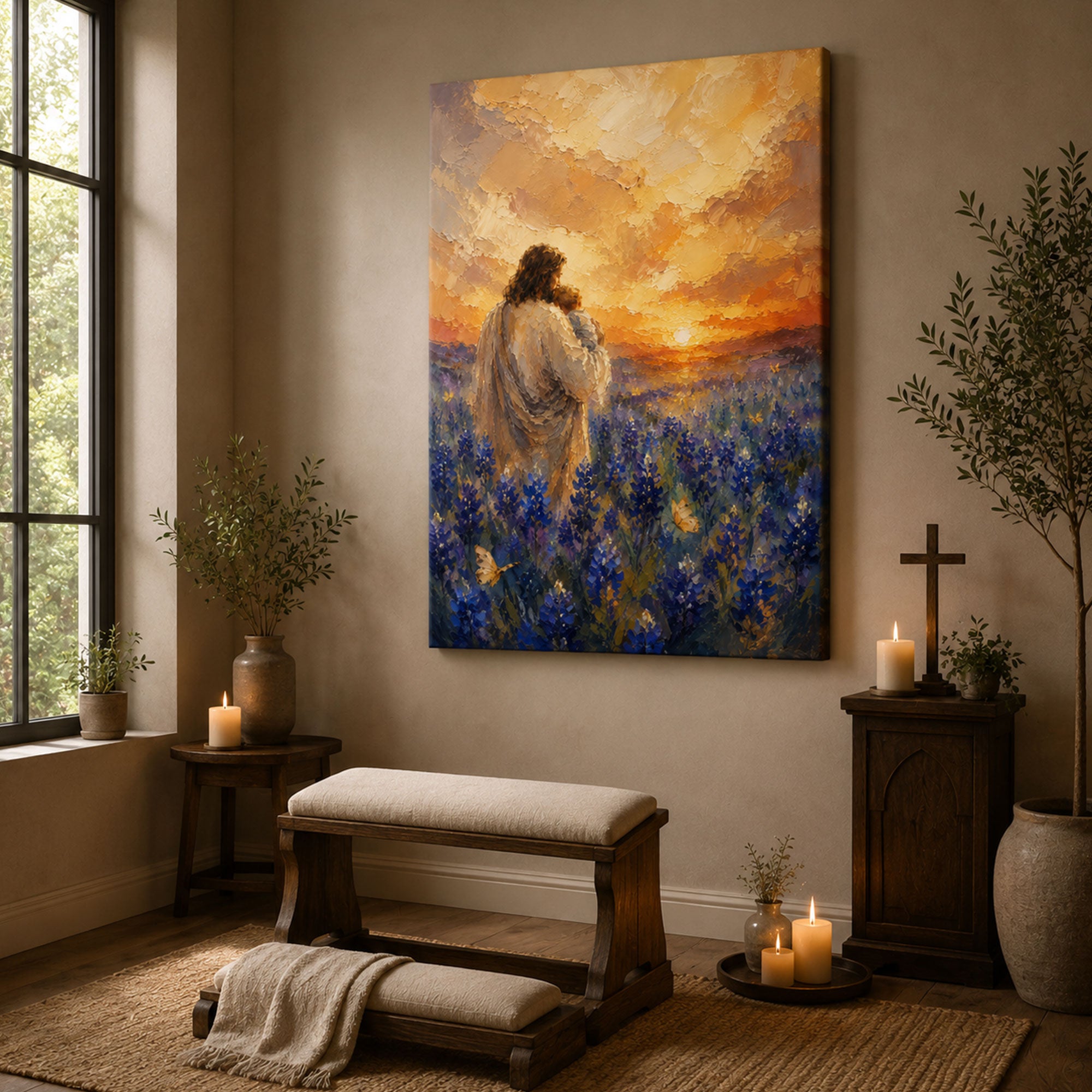 Jesus Holding Child Canvas Print, Peaceful Christian Wall Art, Wildflower Meadow Faith Home Decor
