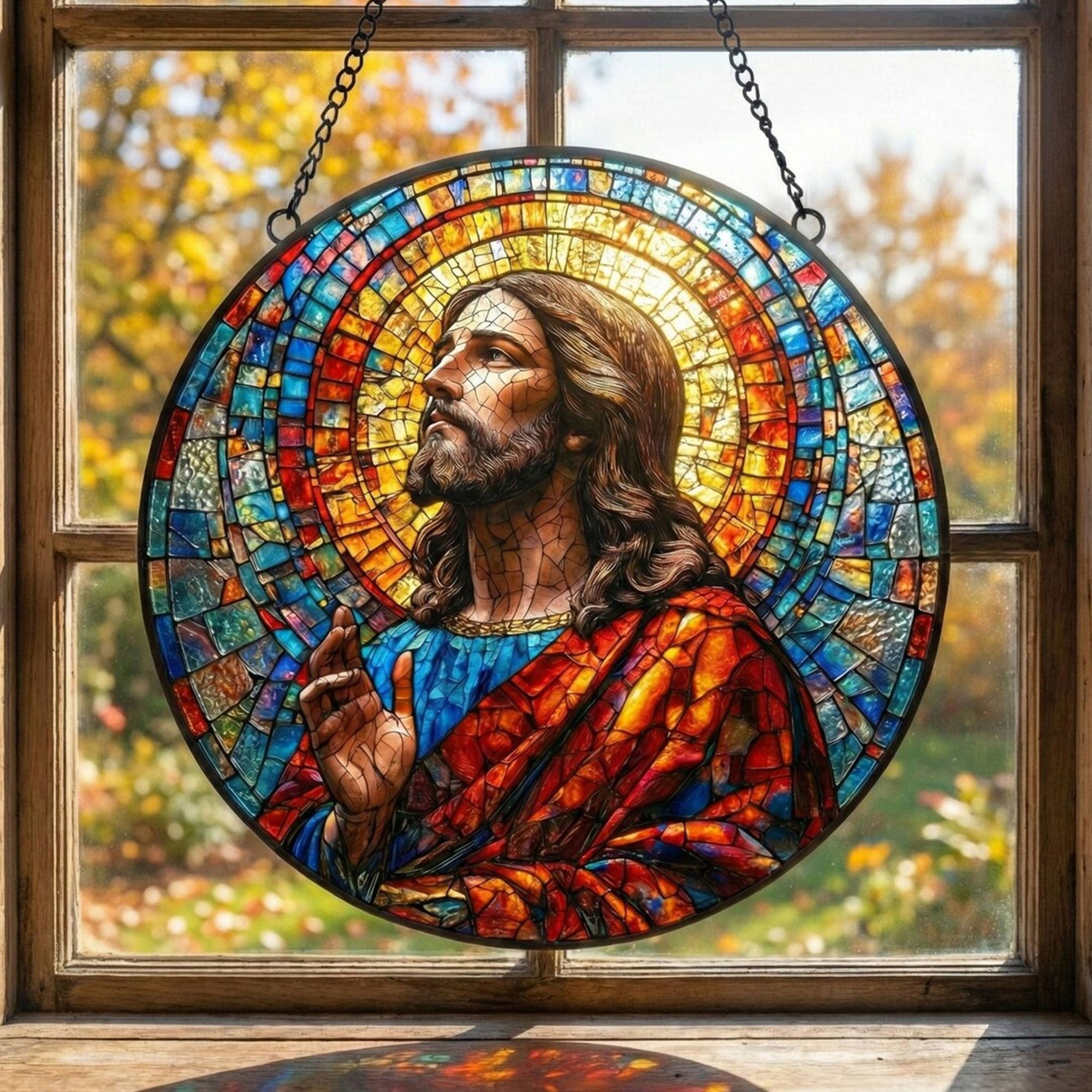 Jesus Christ Stained Glass Suncatcher, Christian Window Hanging Decor, Religious Faith Gift, Spiritual Home Ornament