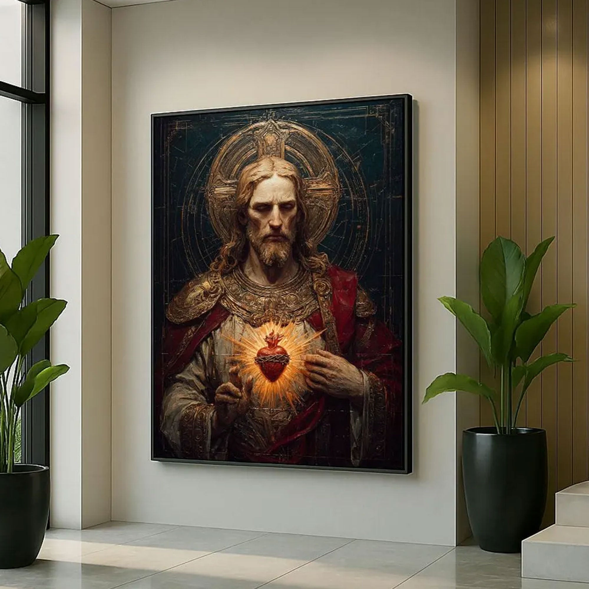 Radiant Jesus Sacred Heart Canvas Wall Art, Christian Spiritual Decor, Statement Living Room Piece