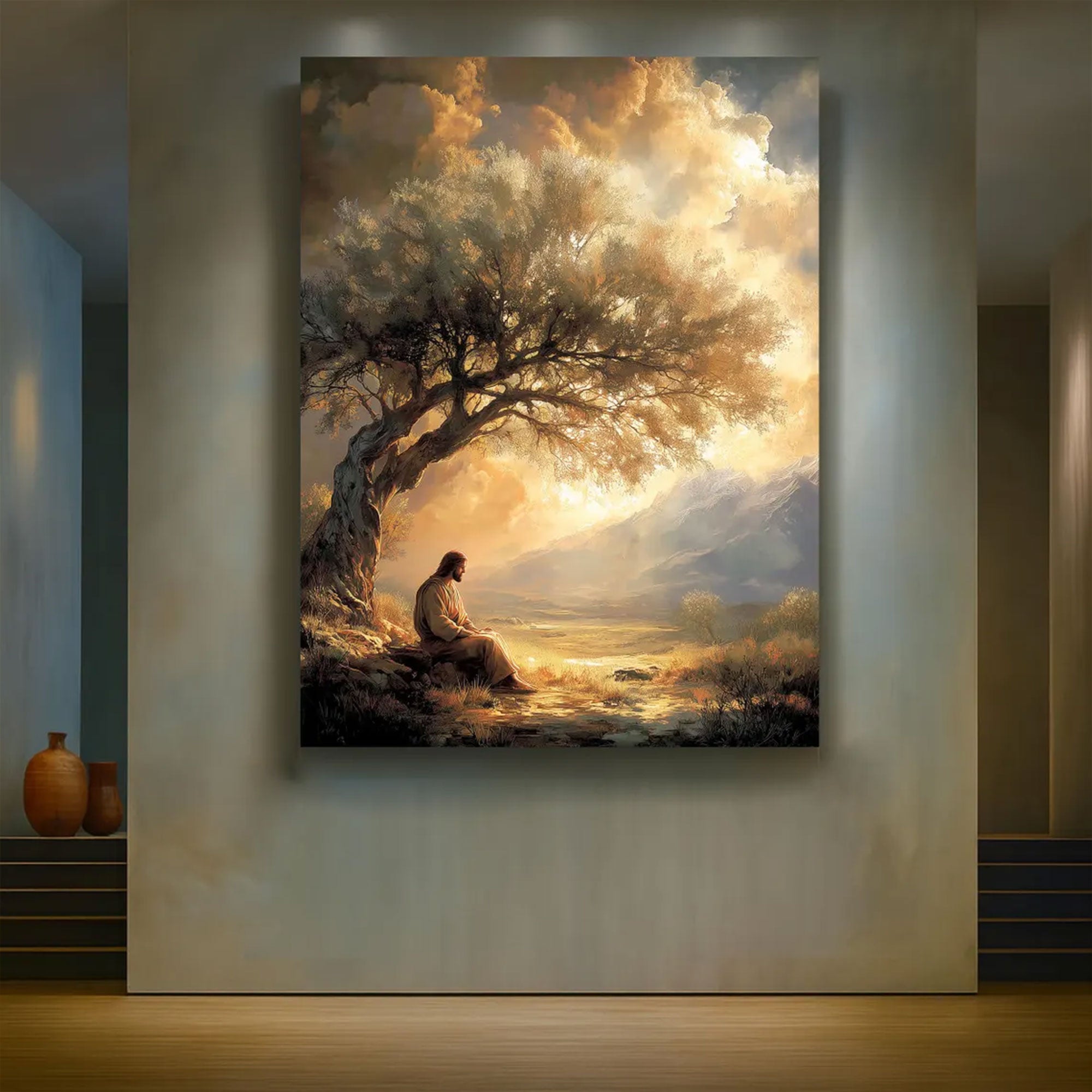 Jesus Praying Under Tree Canvas Wall Art, Christian Faith Landscape, Religious Home Decor