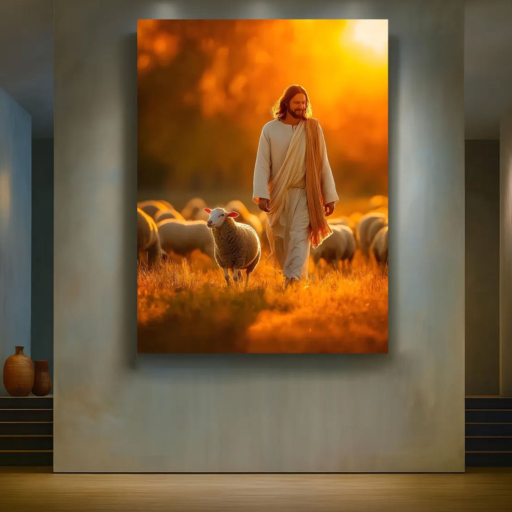Jesus Good Shepherd Canvas Print, Sunset Christian Wall Art, Faith Inspired Shepherd Artwork, Spiritual Home Decor