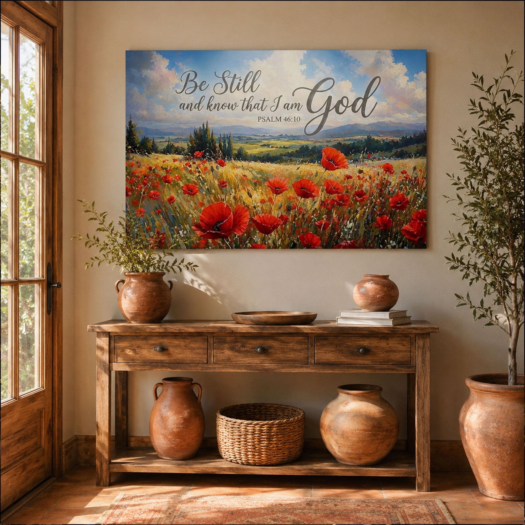 “Be Still and Know That I Am God” Psalm Canvas Print, Jesus in Poppy Field Wall Art, Christian Faith Decor