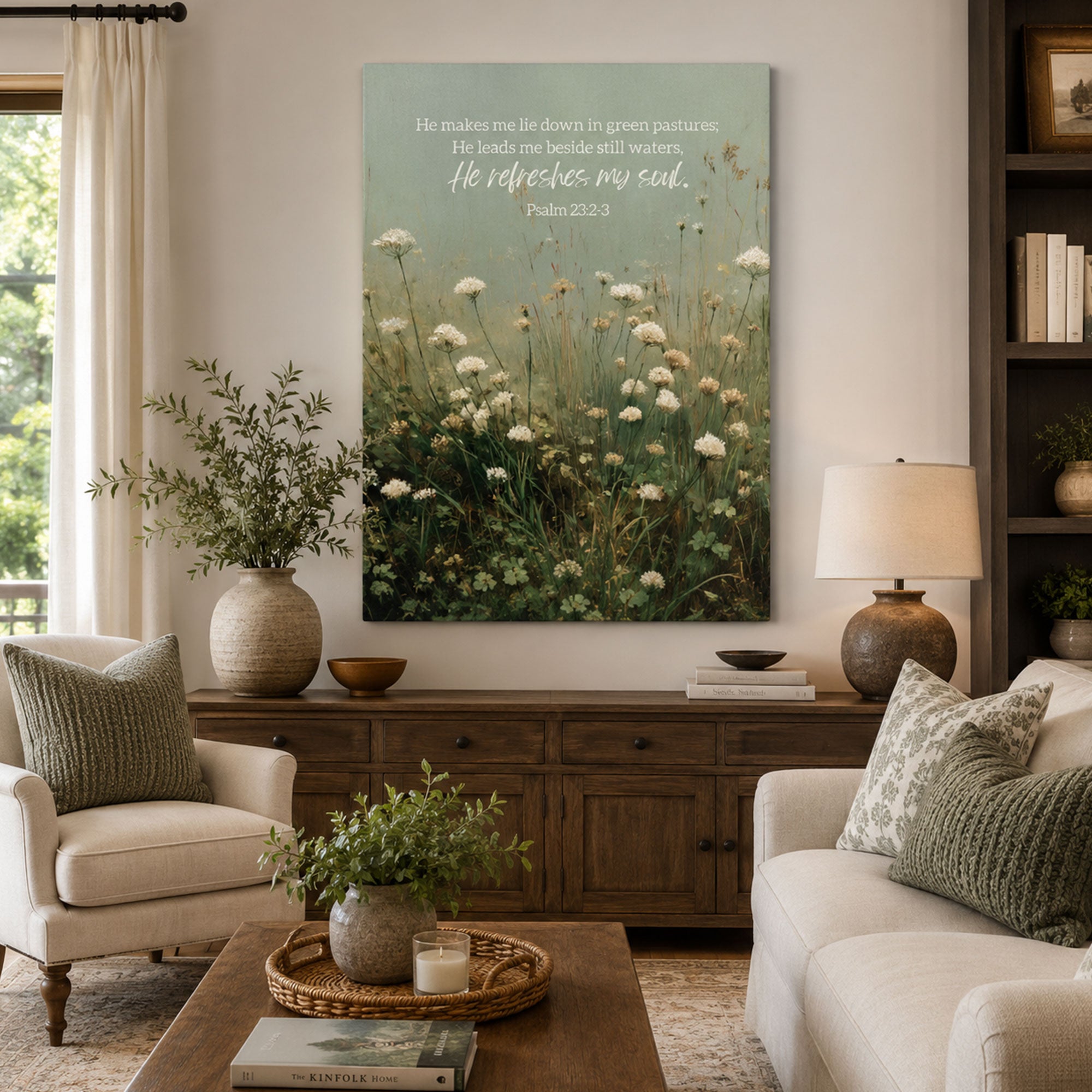 Psalm 23 Bible Verse Canvas Print, Soft Floral Field Christian Wall Art, Minimalist Scripture Home Decor Gift