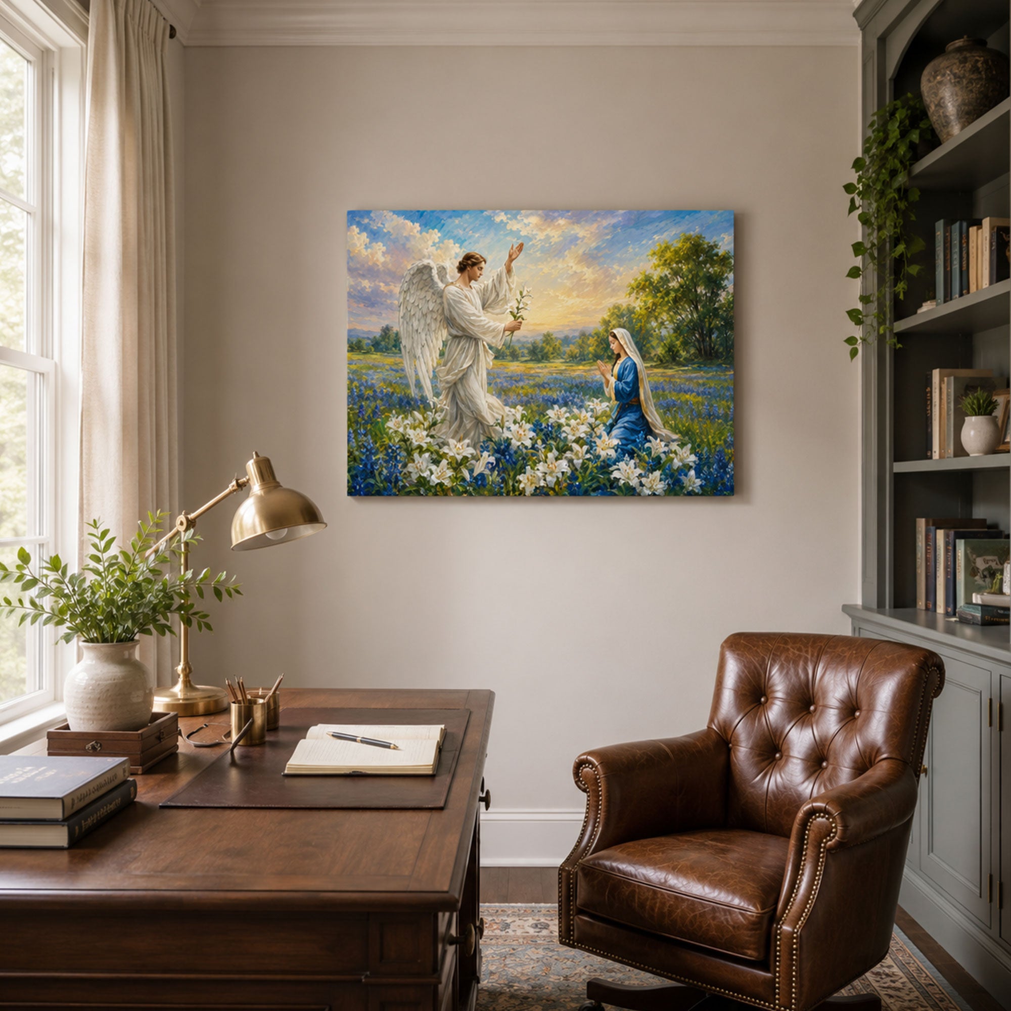 Annunciation of Mary Canvas Print, Archangel Gabriel and Virgin Mary Catholic Wall Art, Lily Field Faith Home Decor Gift