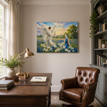Annunciation of Mary Canvas Print, Archangel Gabriel and Virgin Mary Catholic Wall Art, Lily Field Faith Home Decor Gift