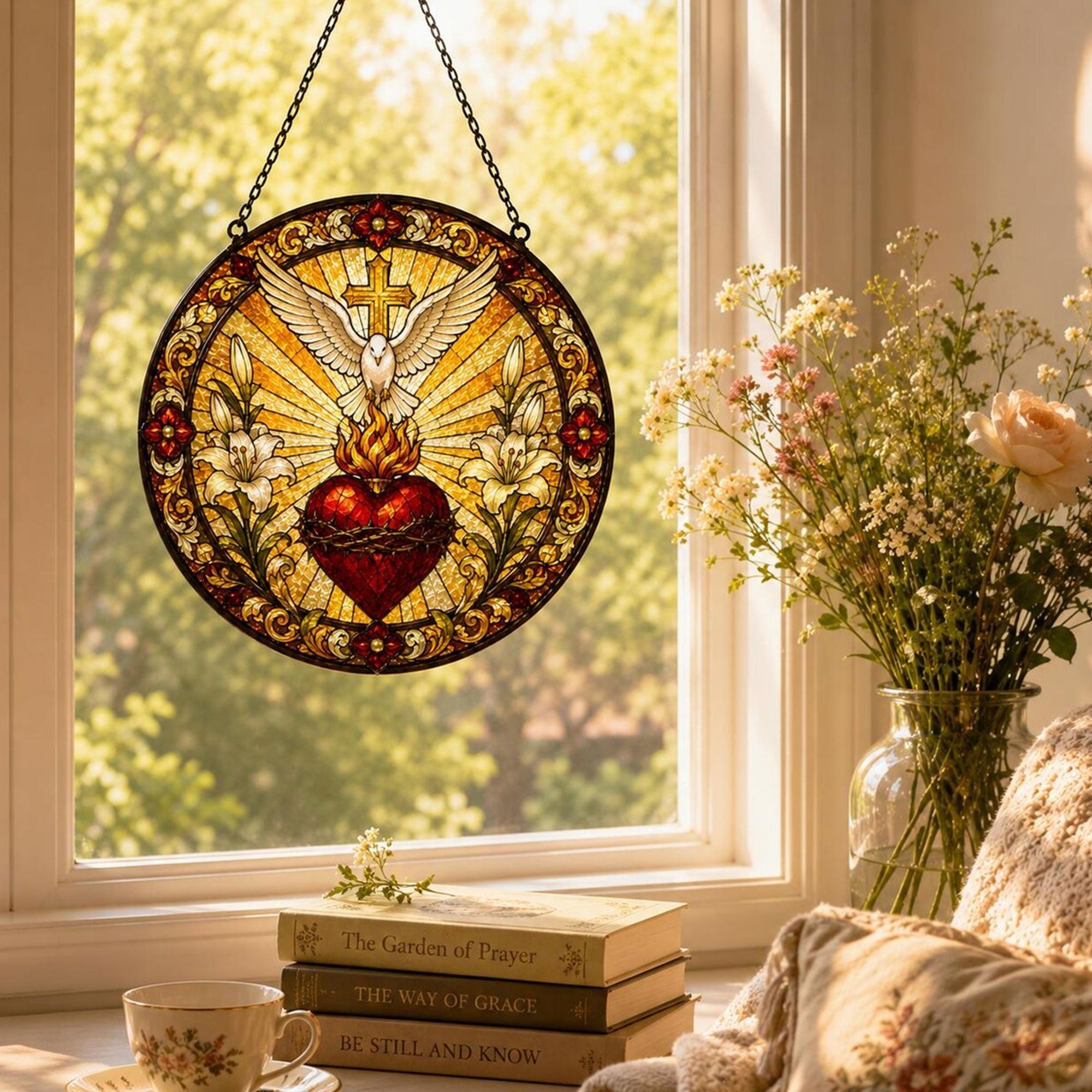 Sacred Heart and Holy Spirit Dove Stained Glass Suncatcher, Catholic Window Hanging, Christian Faith Gift