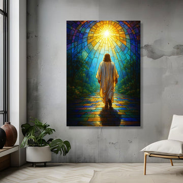 Inspirational Jesus Walking Path Canvas Print, Stained Glass Sunlight Christian Wall Art, Faith Journey Home Decor
