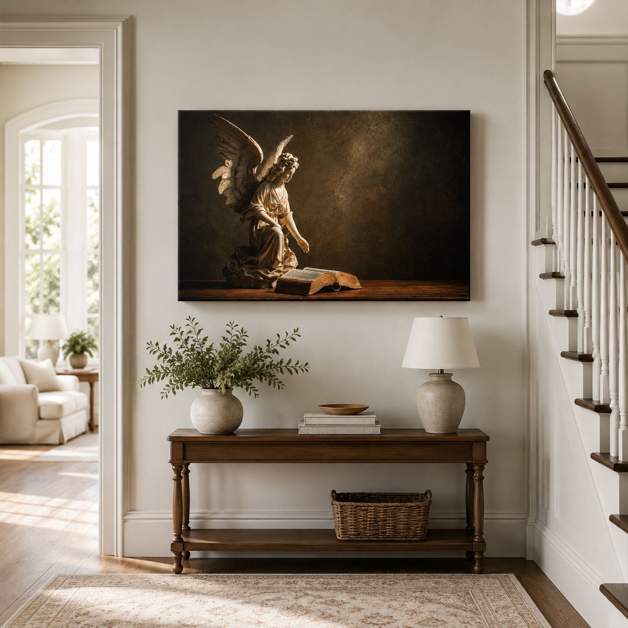 Praying Angel with Open Bible Canvas Print, Christian Faith Wall Art, Heavenly Home Decor Gift