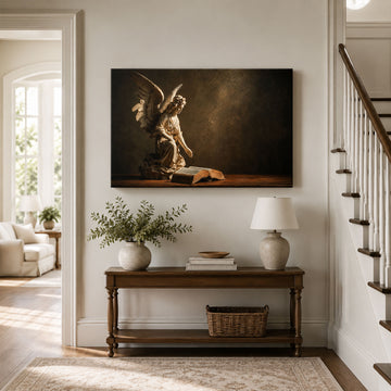 Praying Angel with Open Bible Canvas Print, Christian Faith Wall Art, Heavenly Home Decor Gift