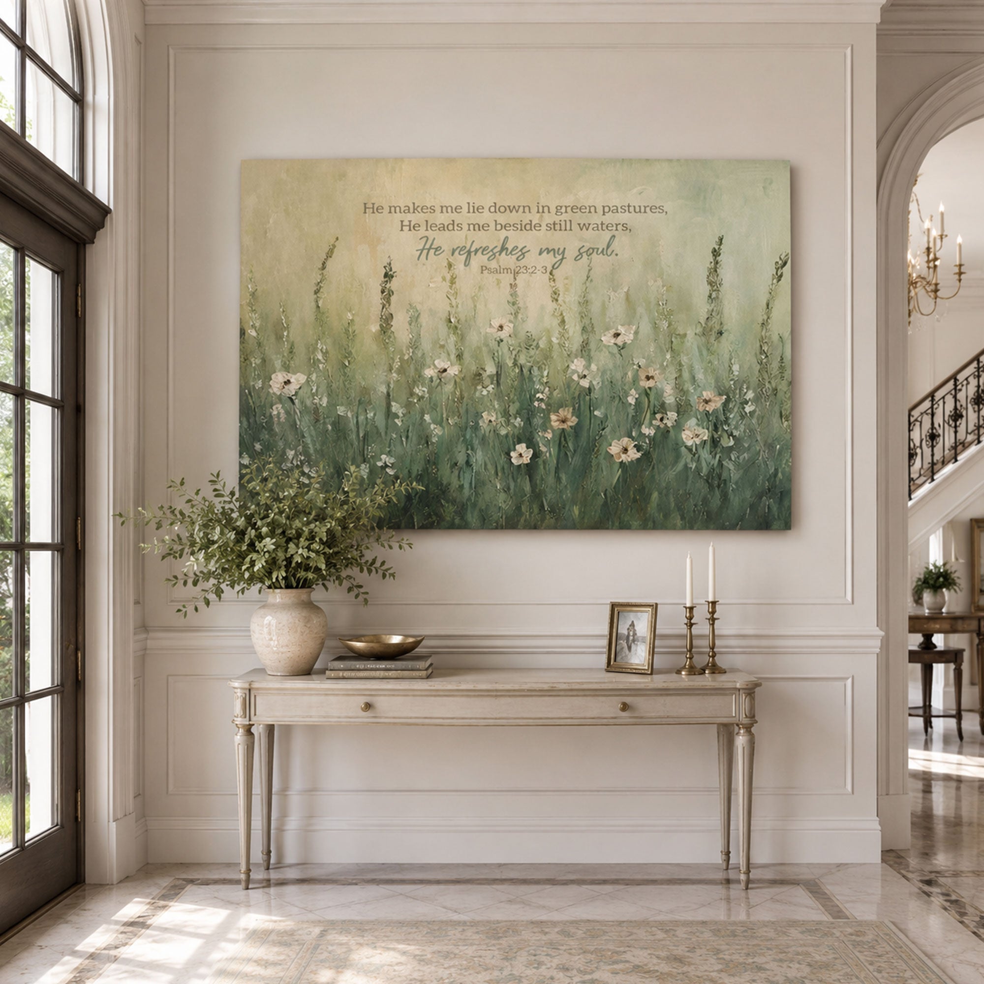 Psalm 23:2-3 Bible Verse Canvas Print, He Makes Me Lie Down in Green Pastures Christian Wall Art, Peaceful Landscape Nature Decor