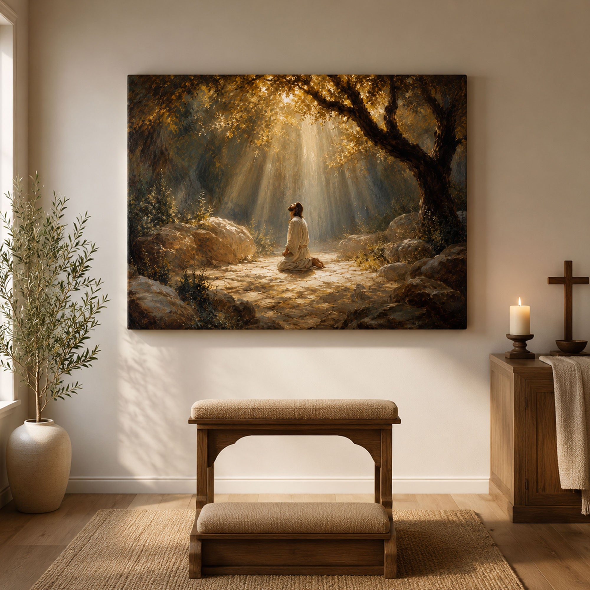 Jesus Praying in Gethsemane Canvas Print, Christian Wall Art, Divine Light Faith Home Decor