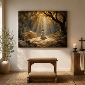Jesus Praying in Gethsemane Canvas Print, Christian Wall Art, Divine Light Faith Home Decor