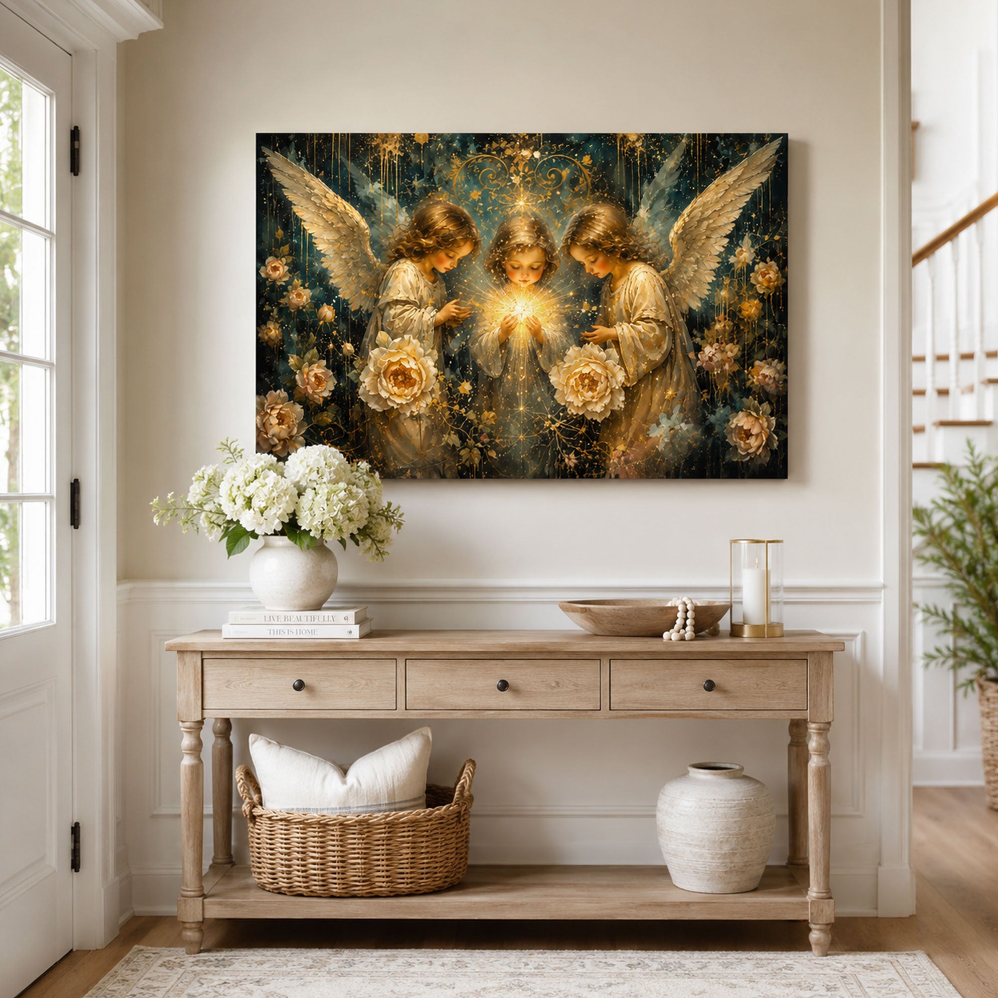 Three Angels of Light Canvas Print, Christian Angel Wall Art, White Rose Faith Home Decor Gift