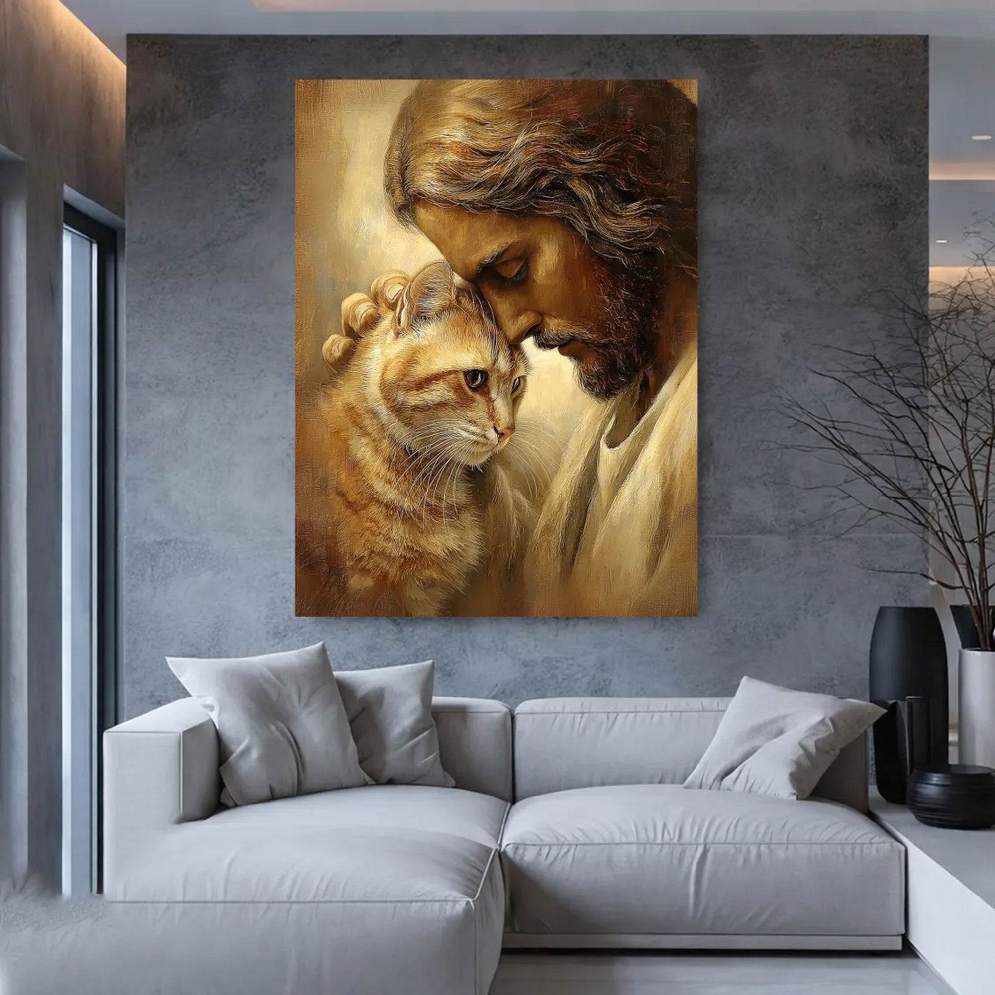 Jesus with Cat Canvas Wall Art, Christian Pet Lover Decor, Spiritual Faith Home Gift