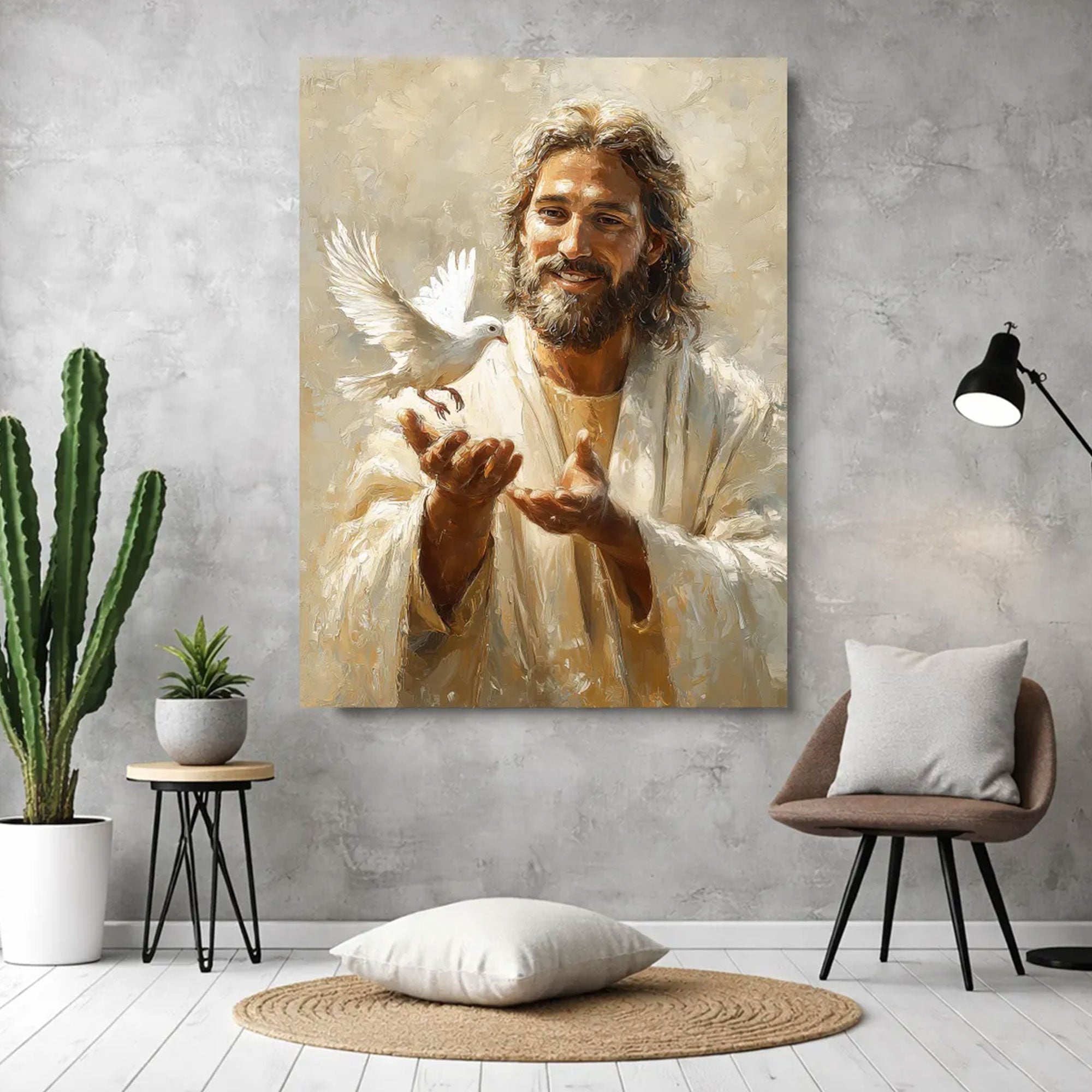 Jesus with Dove Canvas Print, Holy Spirit Christian Wall Art, Peaceful Faith Home Decor