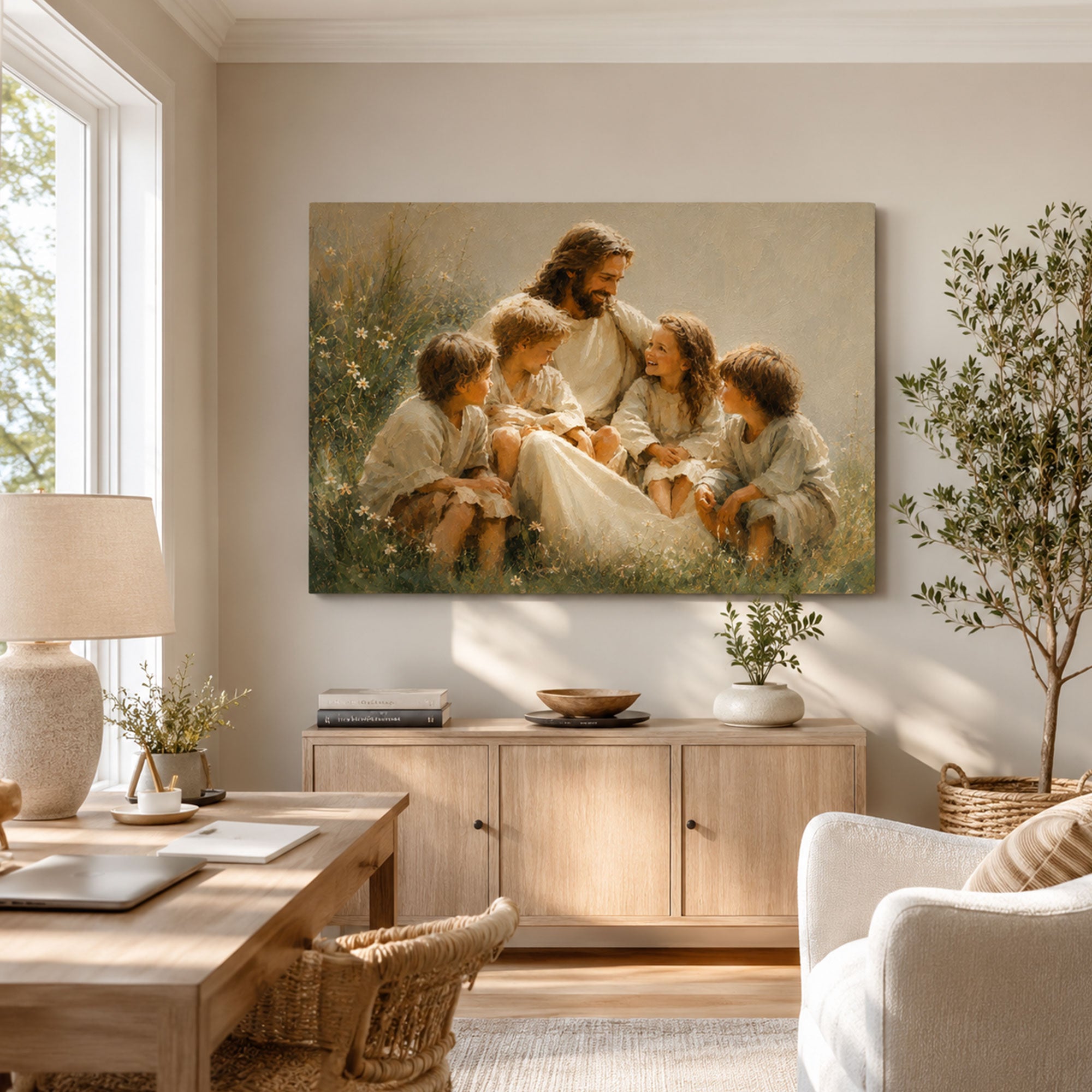 Jesus with Children Canvas Print, Matthew 19:14 Christian Wall Decor, Family Faith Gift