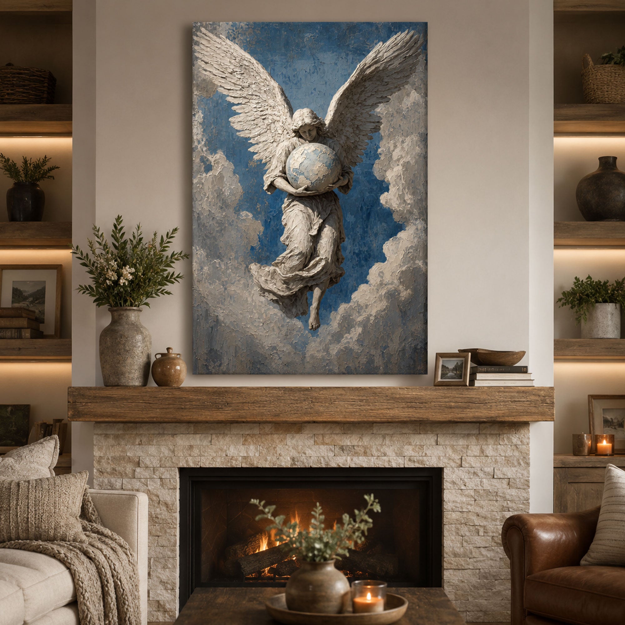 Heavenly Angel Holding the World Canvas Print, Christian Angel Wall Art, Faith Home Decor Gift