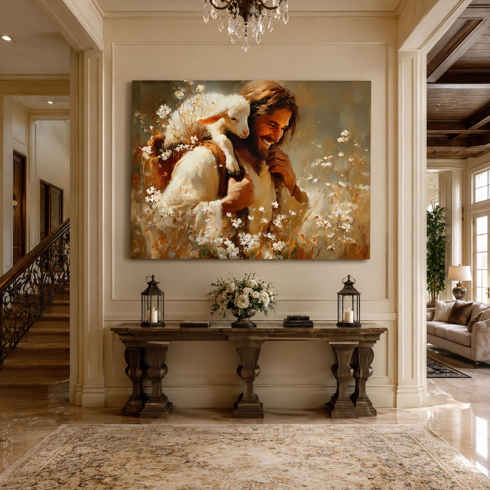 Jesus with Lamb Canvas Print, Good Shepherd Christian Wall Art, Religious Faith Home Decor, Inspirational Gift