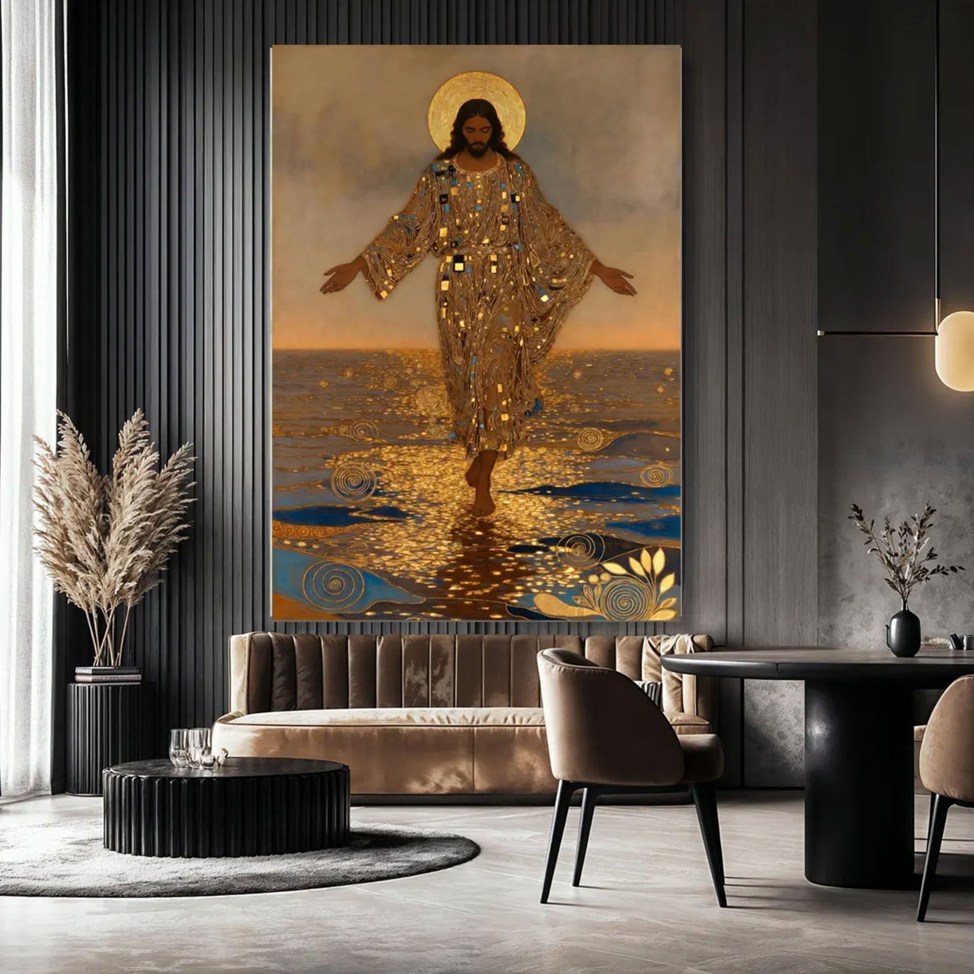 Gustav Klimt Style Jesus Walking on Water Canvas Print, Golden Halo Christian Wall Art, Religious Spiritual Decor