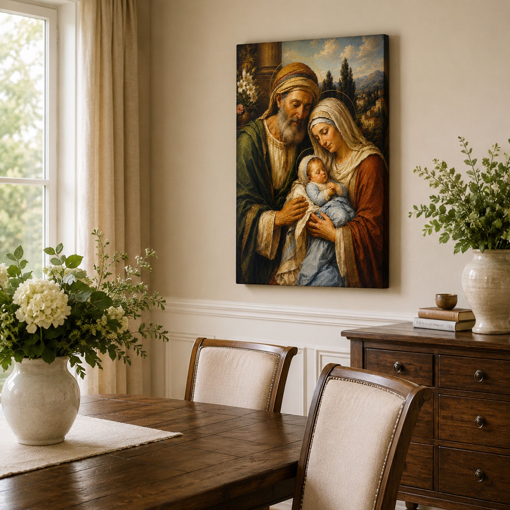 Saint Joachim and Saint Anne with Infant Mary Canvas Print, Catholic Family Art