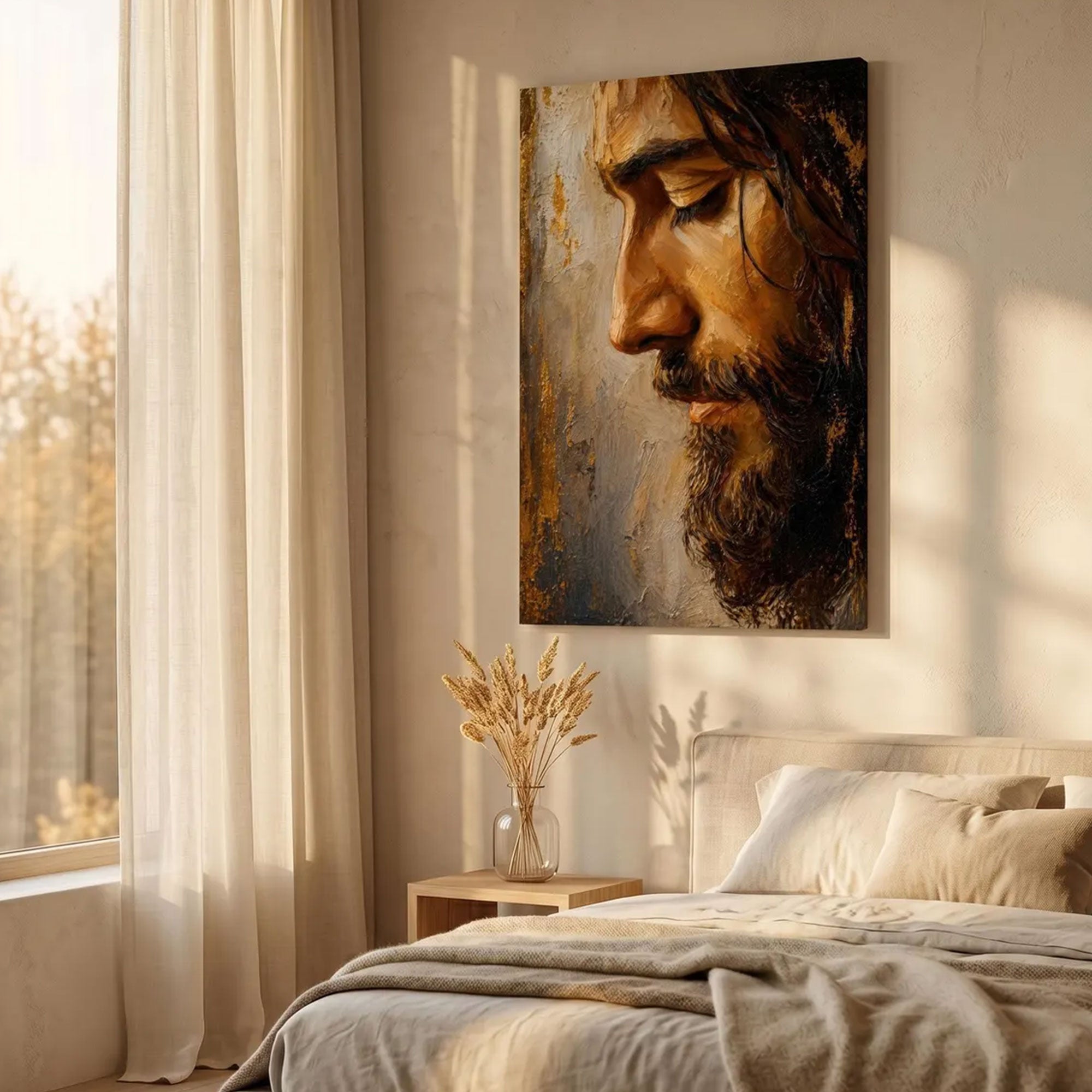 Jesus Portrait Canvas Print, Neutral Christian Wall Art, Spiritual Home Decor, Inspirational Faith Artwork