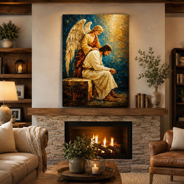 Guardian Angel Comforting Jesus Canvas Print, Christian Angel Wall Art, Faith Home Decor Gift