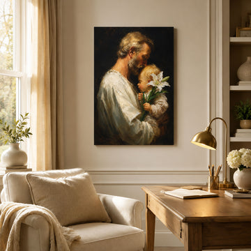 Saint Joseph with Child Jesus Canvas Print, Gentle Catholic Faith Decor