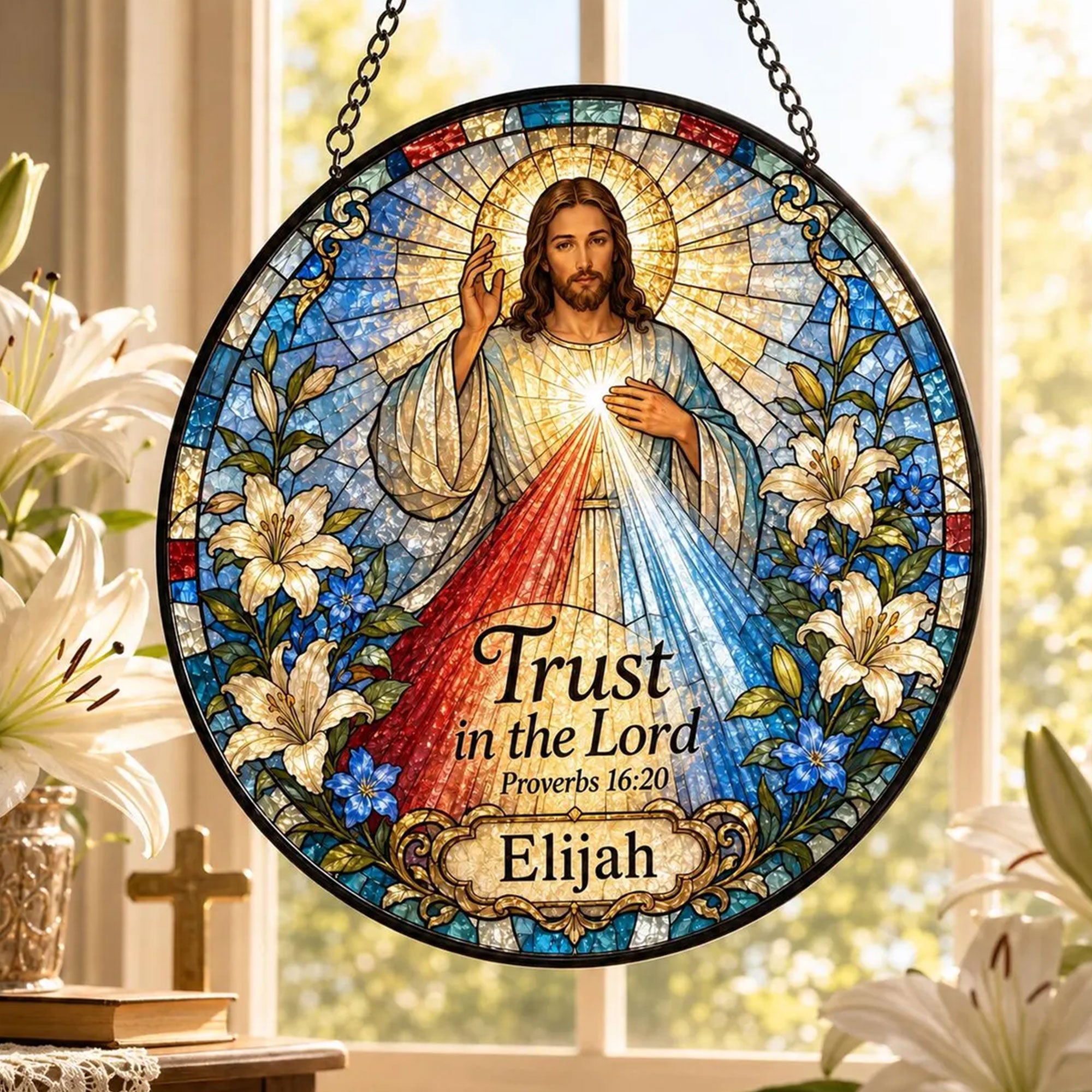 Personalized Divine Mercy Jesus Suncatcher, Trust in the Lord Proverbs 16:20, Catholic Gift