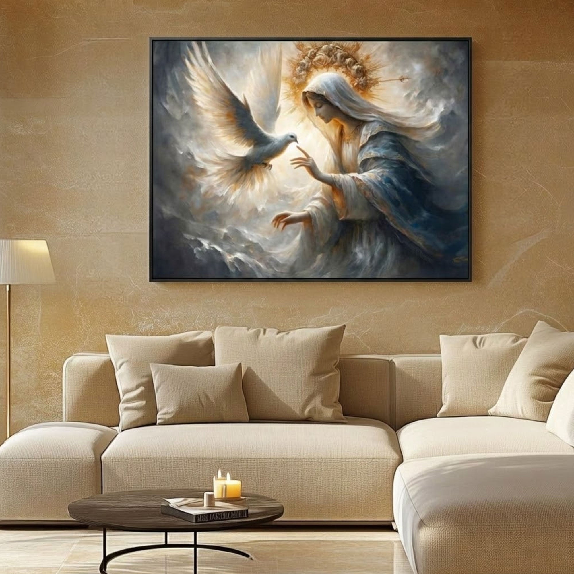 Spouse of the Holy Spirit Canvas Print, Blessed Virgin Mary and Dove Wall Art, Catholic Mystical Artwork, Abstract Religious Decor, Inspirational Faith Gift