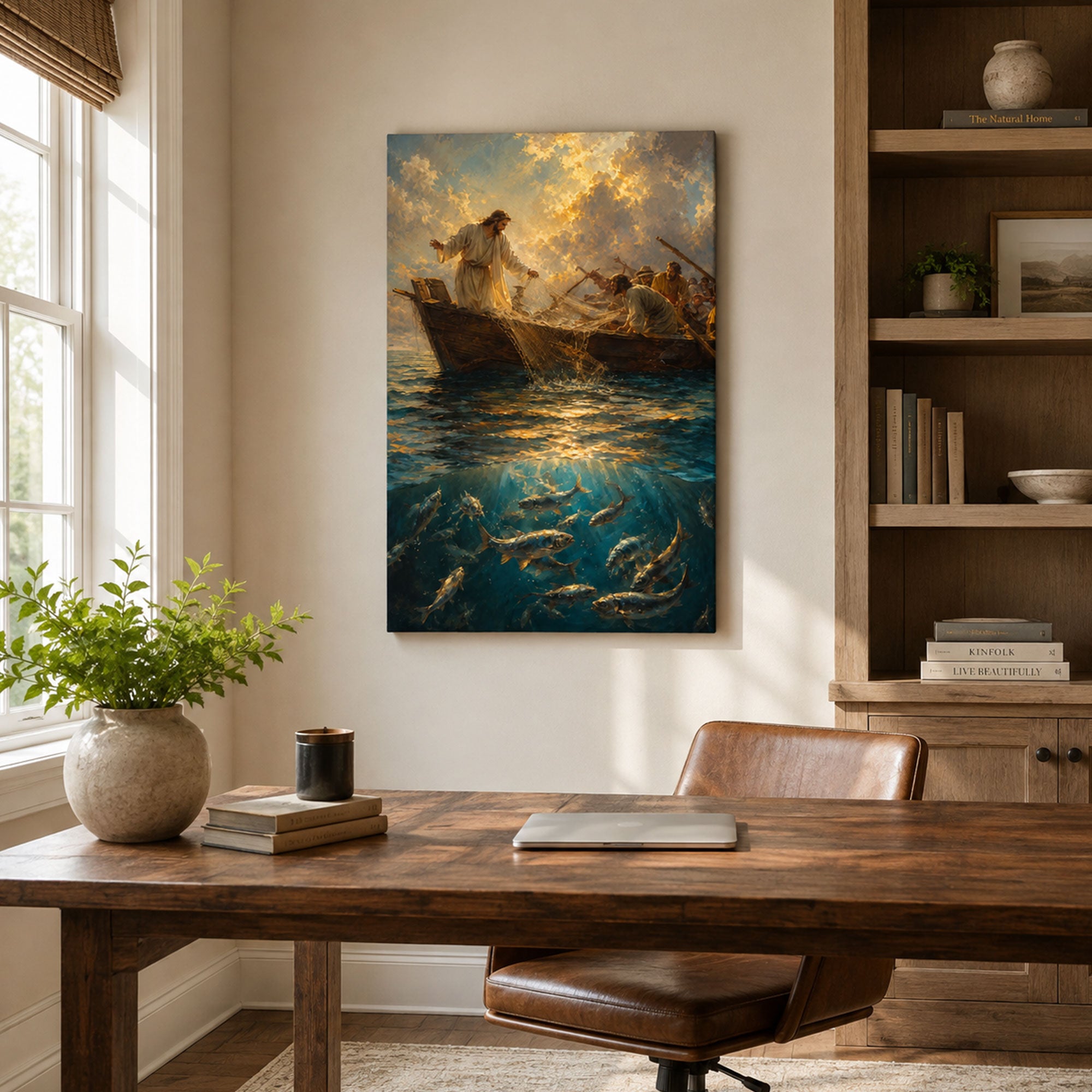 Miraculous Catch of Fish Canvas Print, Jesus and Fishermen Luke 5 Christian Wall Decor, Faith Gift