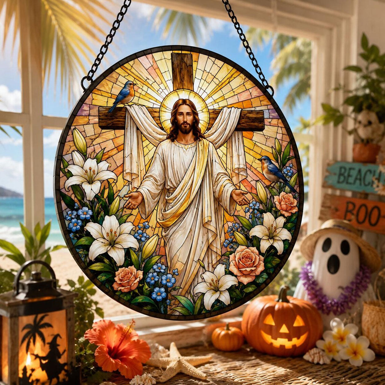 Jesus Christ Open Arms Suncatcher, Easter Cross Christian Home Decor, Faith Inspired Gift